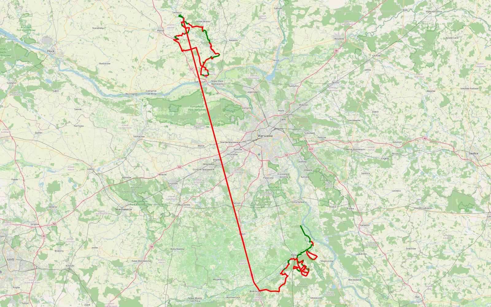 Map of Potycz - Gromadzyn. Wyprawy KJ - 328 km offroad trail, Płońsk County