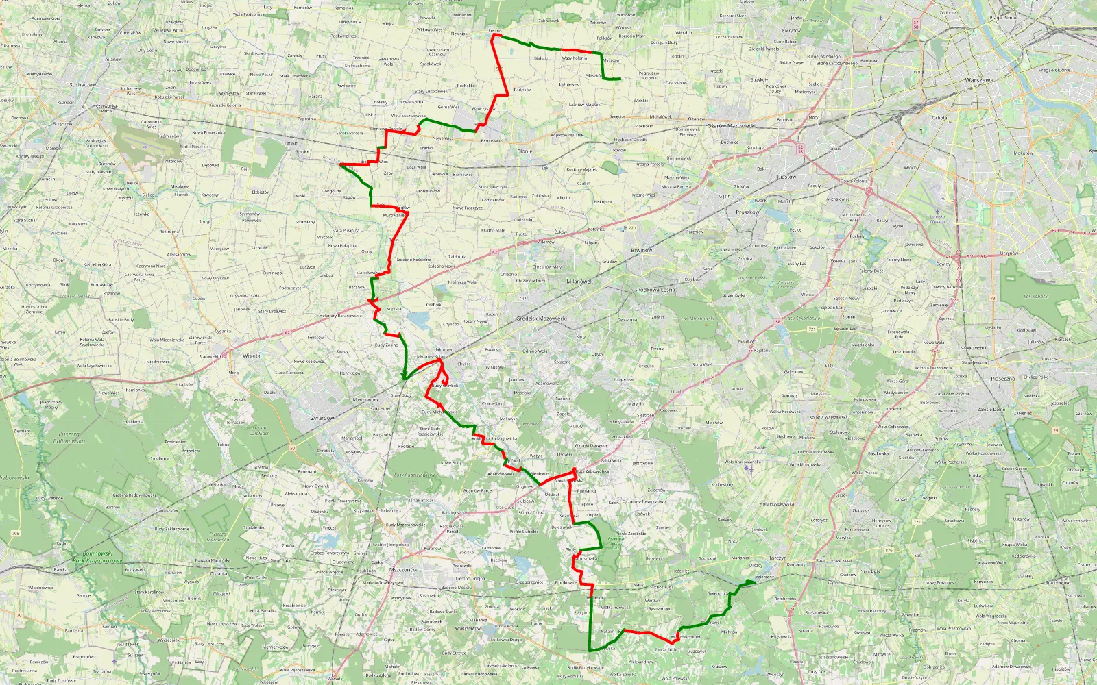 Map of Pilaszków - Jeziorzany - 90.9 km offroad trail, Grodzisk Mazowiecki County