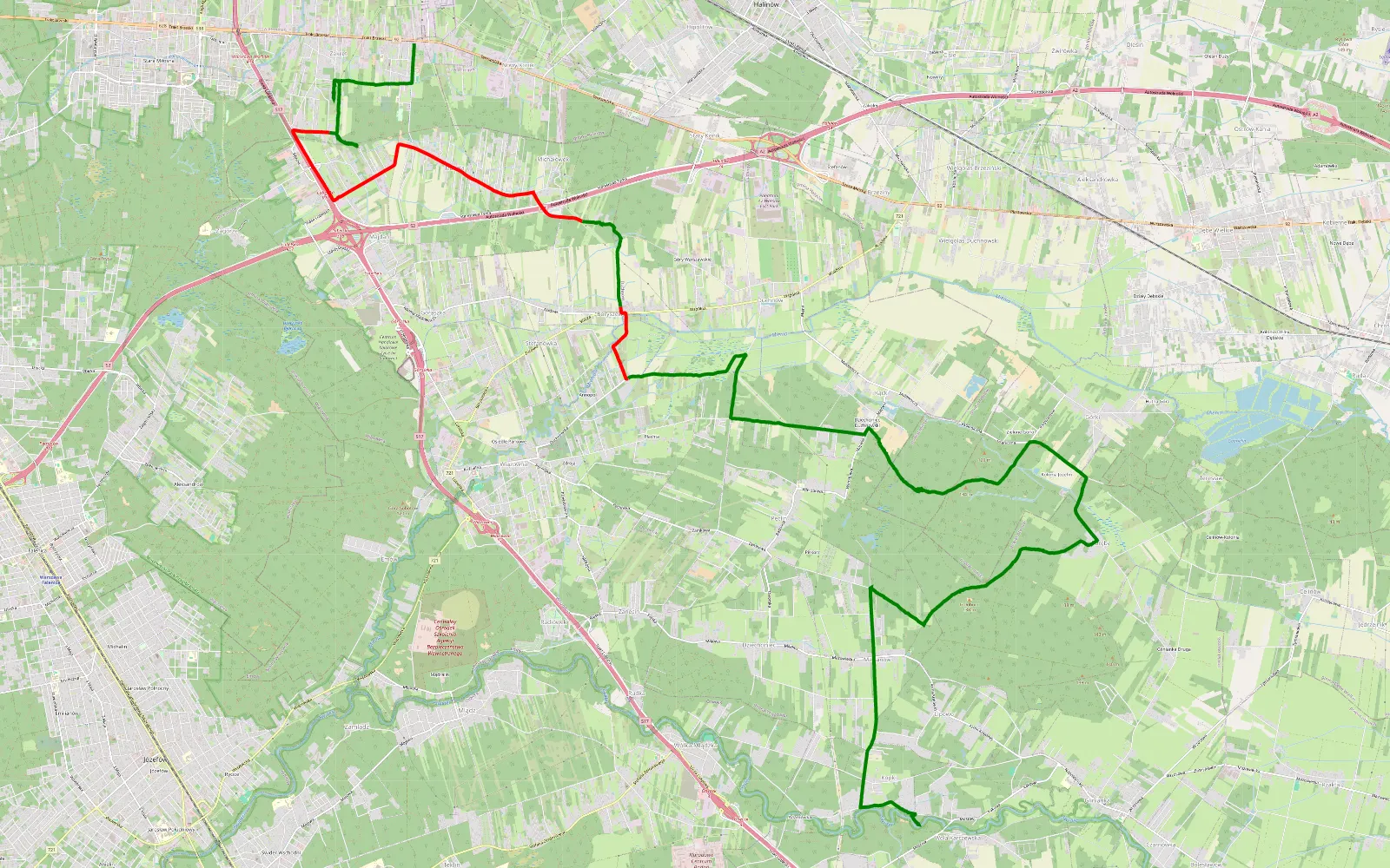 Mapa trasy Zakręt - Wola Karczewska - 23 km trasy offroad, Powiat Otwocki