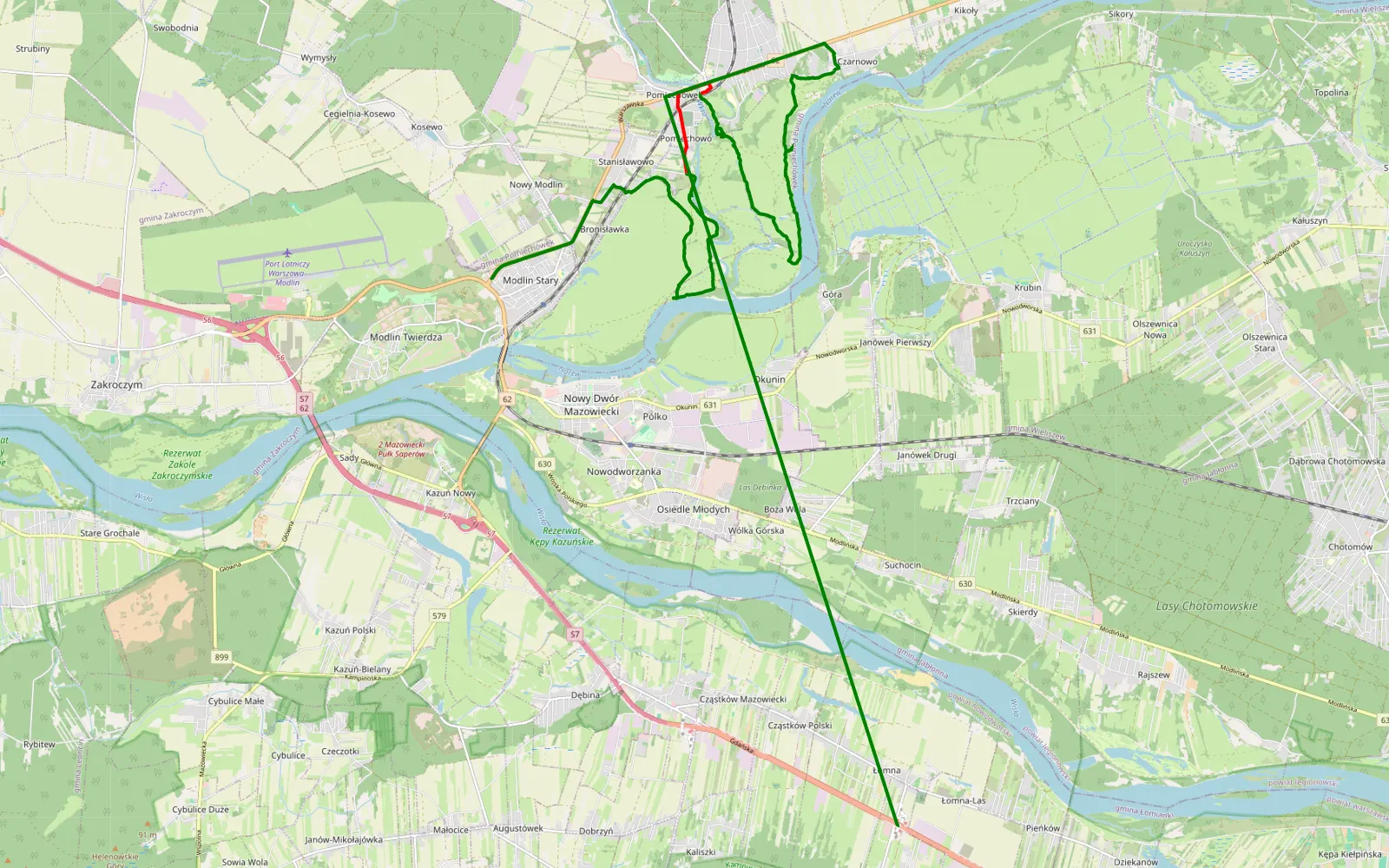 Mapa trasy Łomna - 14.8 km trasy offroad, Powiat Nowodworski