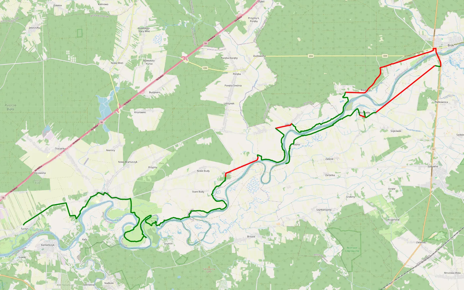 Map of Turzyn - Raźny Stare - 44.9 km offroad trail, Wyszków County