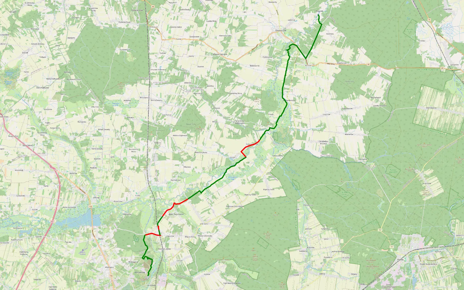 Mapa trasy Krzewień - Rogożek - 23.9 km trasy offroad, Powiat Radomski