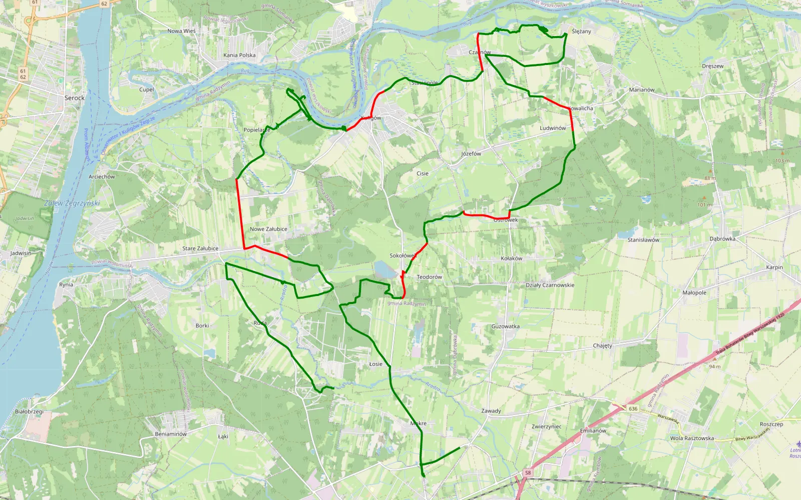 Mapa trasy Mokre Nowe - Dybów A - 39.4 km trasy offroad, Powiat Wołomiński