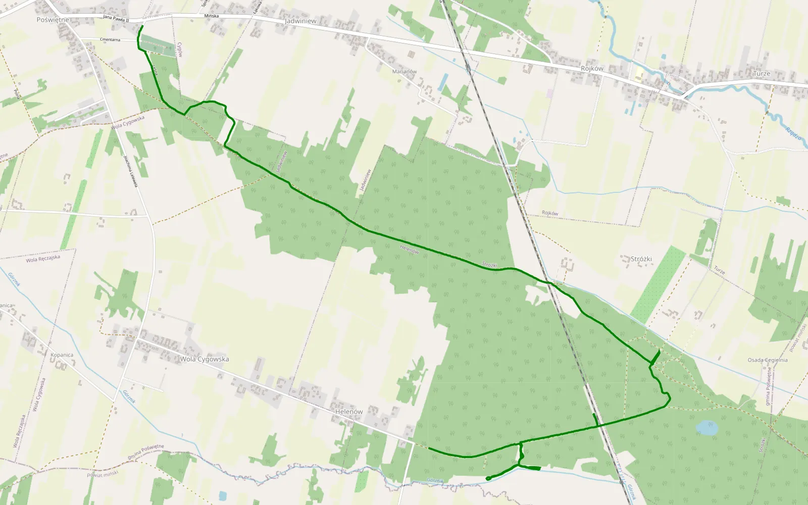 Mapa trasy Poświętne - Helenów - 8 km trasy offroad, Powiat Wołomiński
