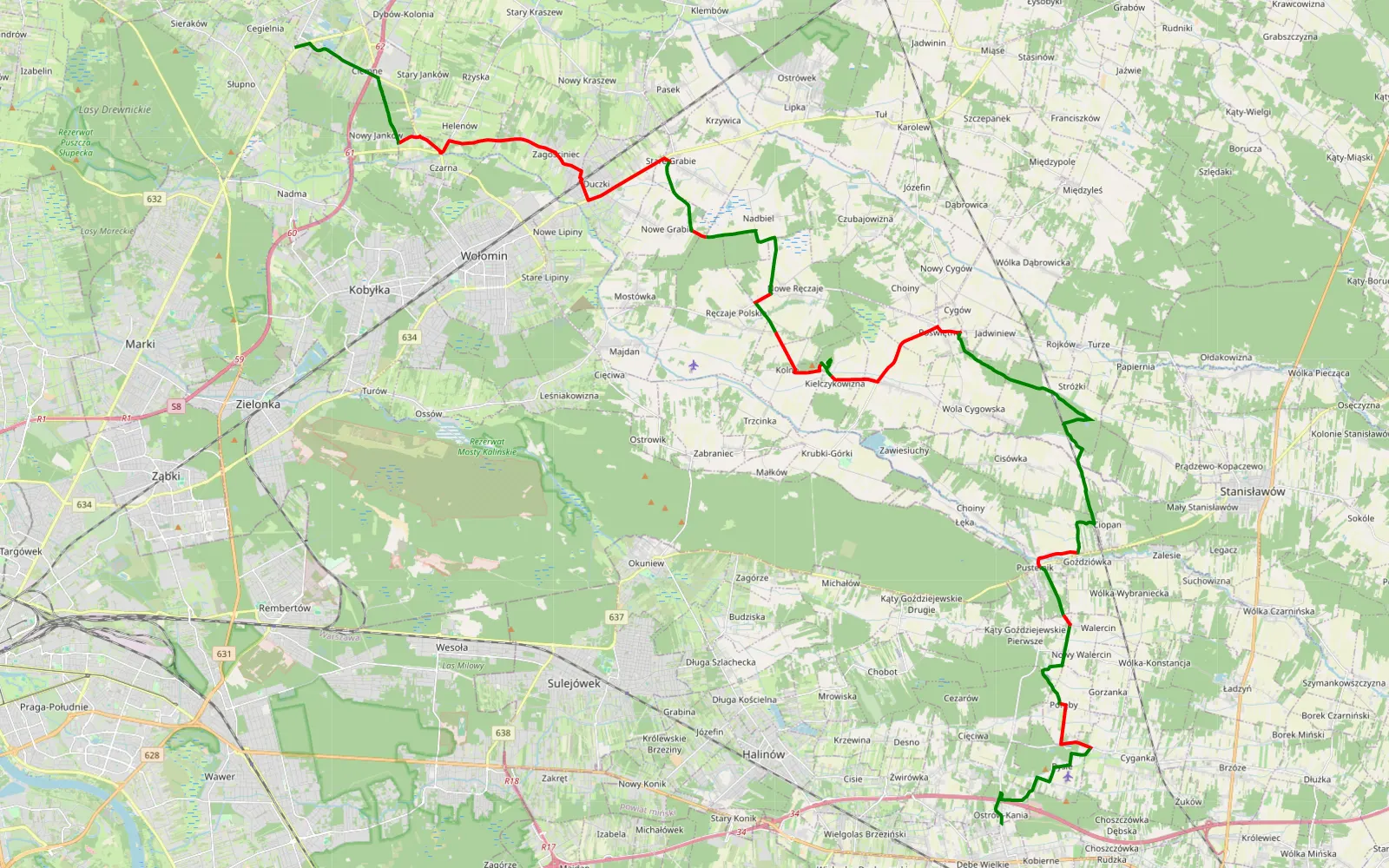 Mapa trasy Cegielnia - Ostrów Kania - 46.2 km trasy offroad, Powiat Wołomiński