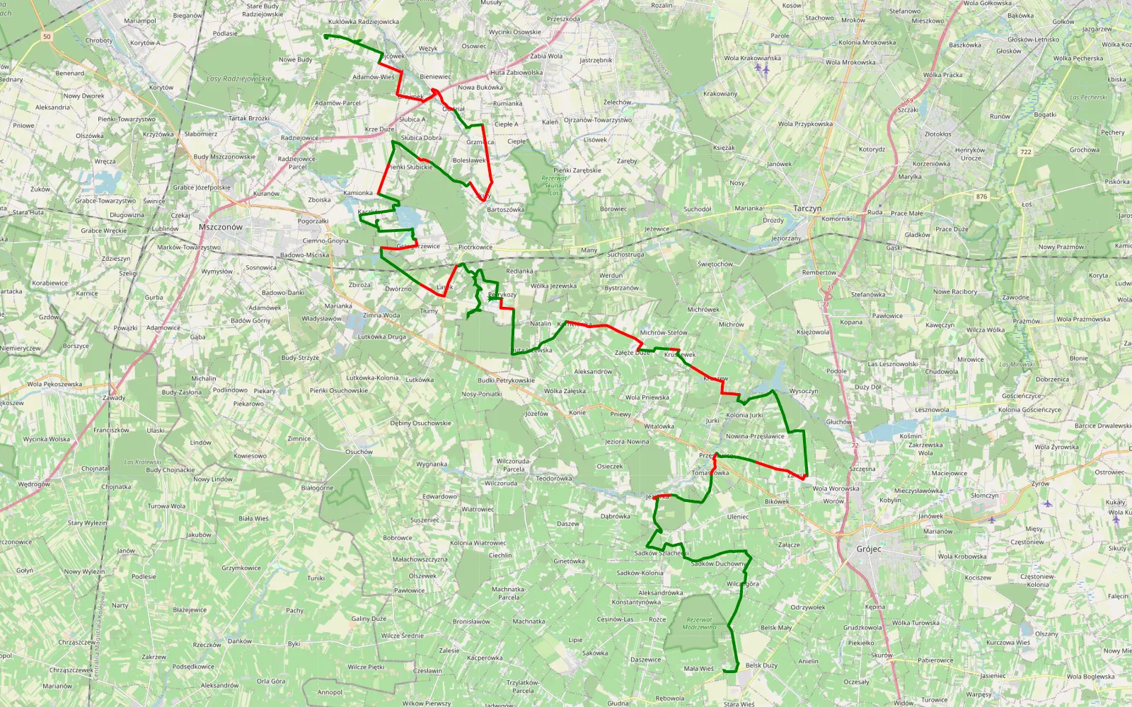 Mapa trasy Budy Józefowskie - Mała Wieś - 69.6 km trasy offroad, Powiat Grójecki