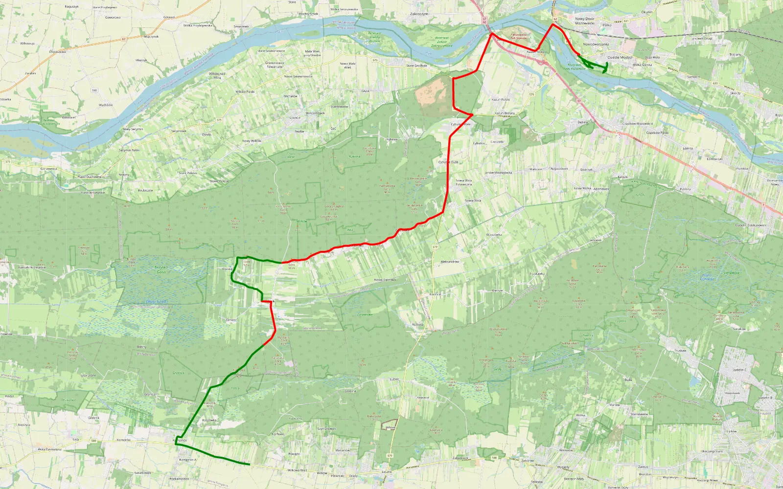 Mapa trasy Wiejca - Łęczna - 35.6 km trasy offroad, Powiat Nowodworski