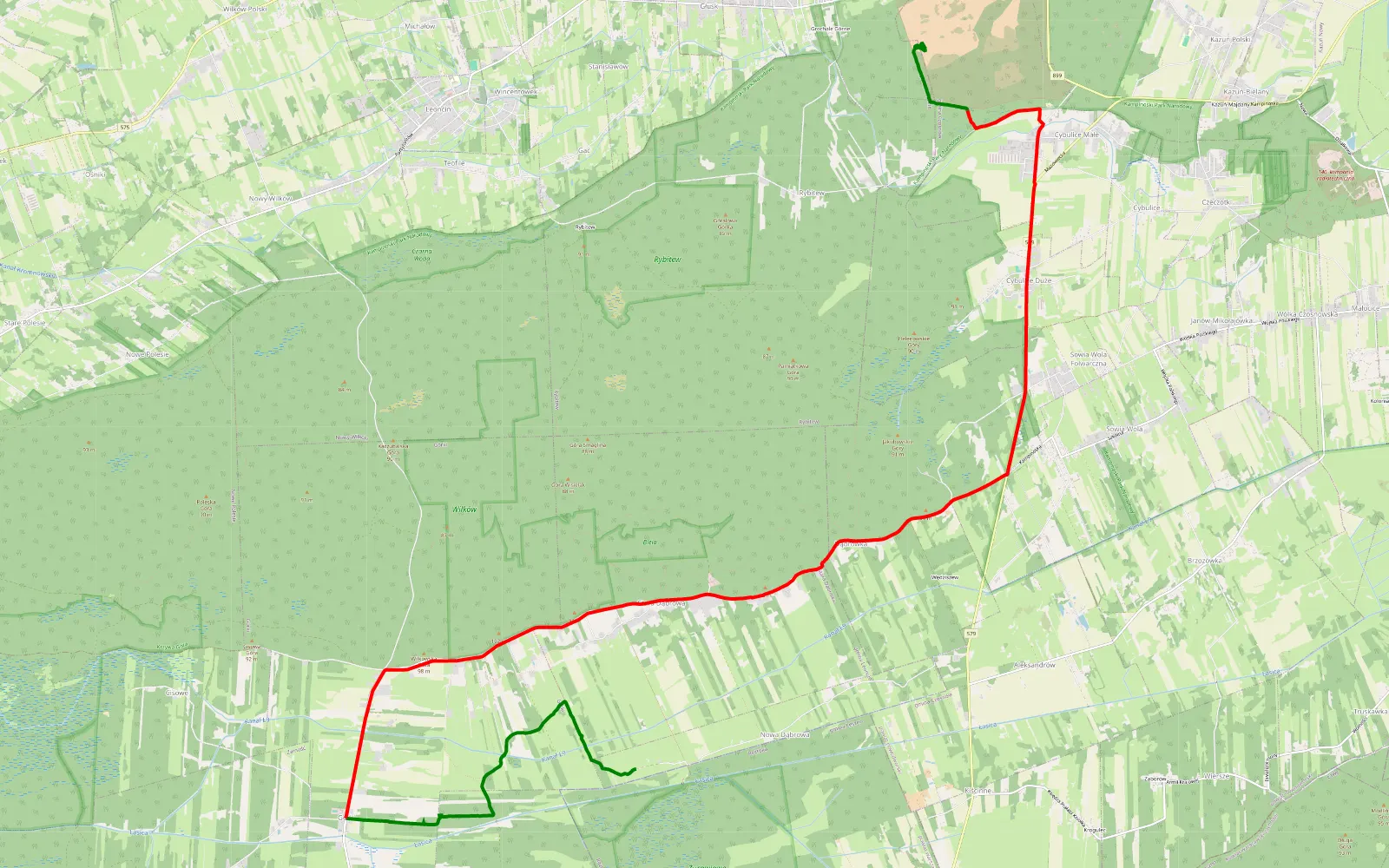Mapa trasy Leszno kierunek poligon - 20.7 km trasy offroad, Powiat Nowodworski