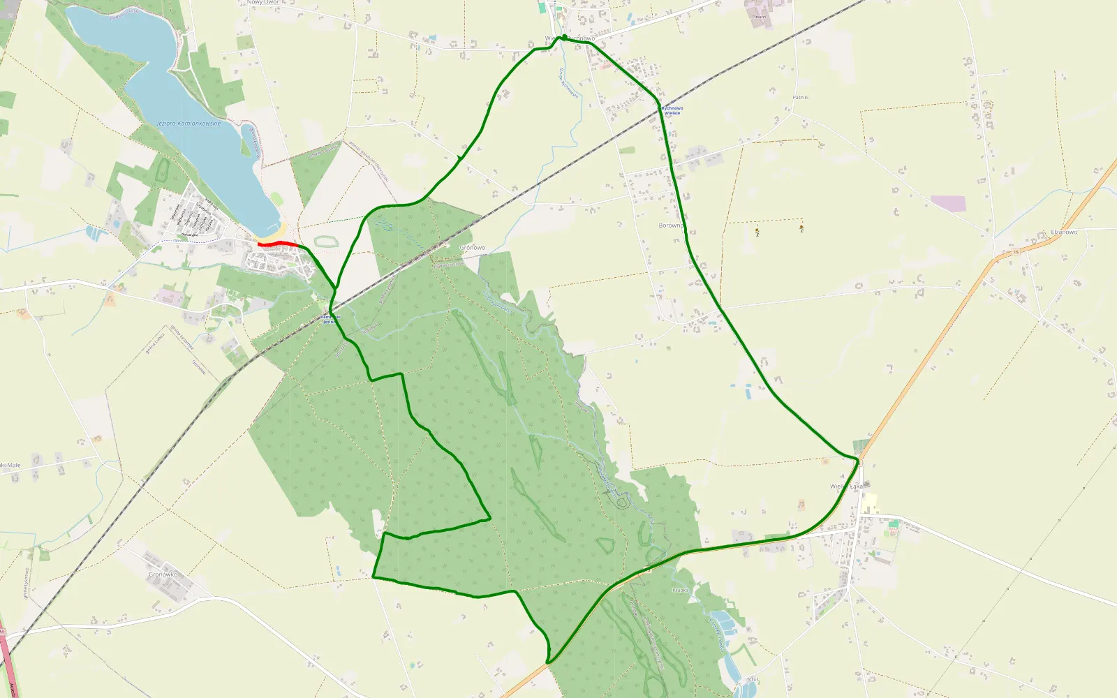 Mapa trasy Gronowo-Kamionki Beach-Gronowo. Sightseeing and geocaching - 7 km trasy offroad, Powiat Toruński