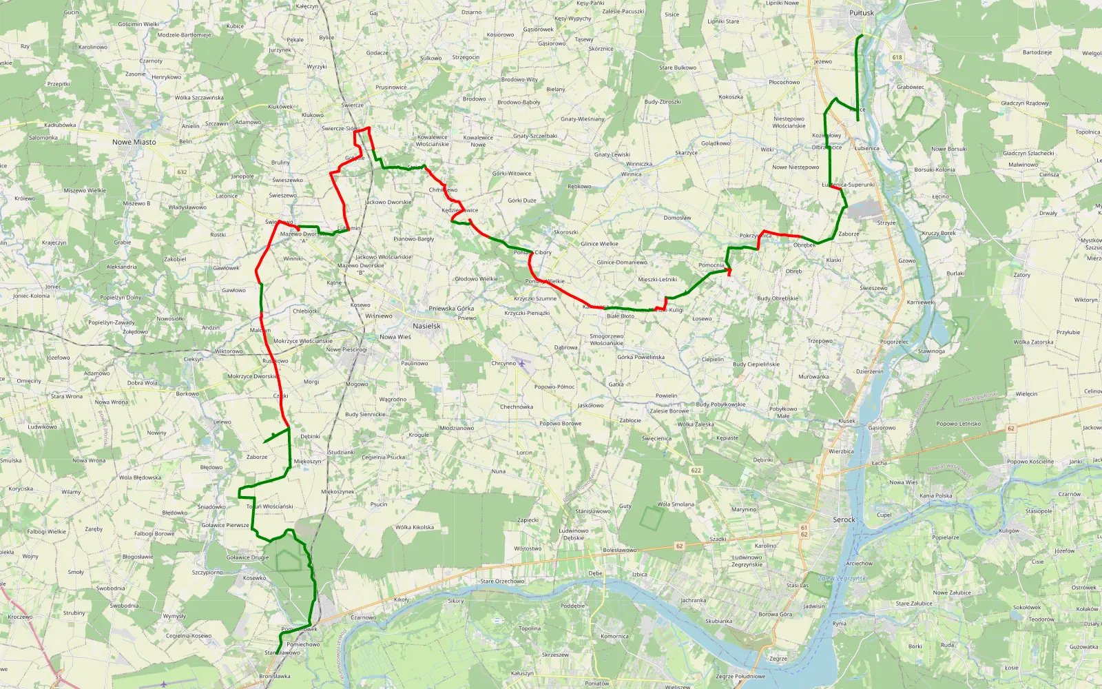 Map of Pułtusk - Stanisławowo - 64.1 km offroad trail, Pułtusk County