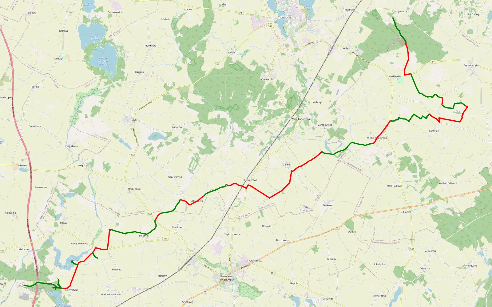 Mapa trasy Kamionki- Jaworze - 43.9 km trasy offroad, Powiat Wąbrzeski