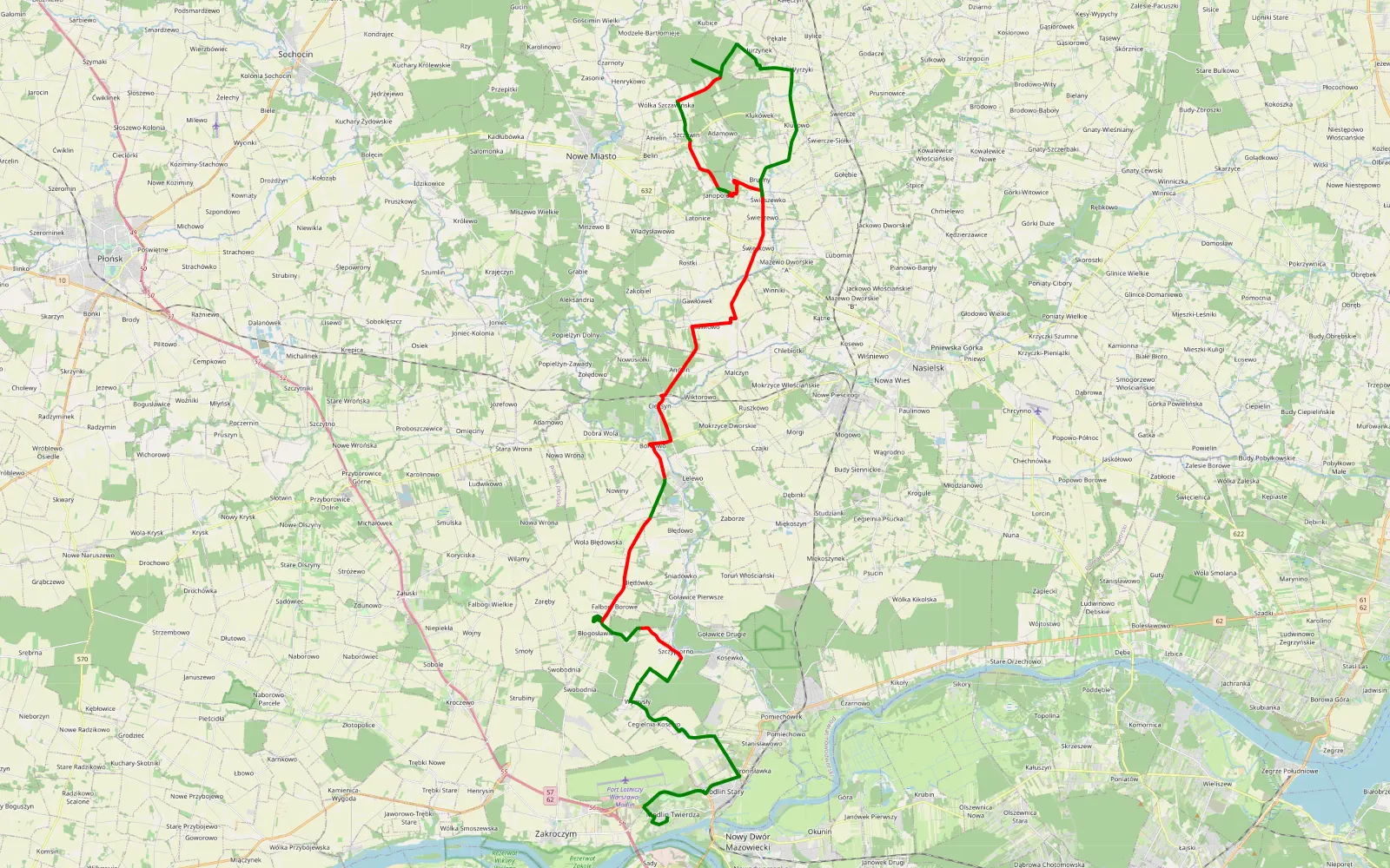 Mapa trasy Twierdza Modlin - Bruliny - 39.7 km trasy offroad, Powiat Nowodworski