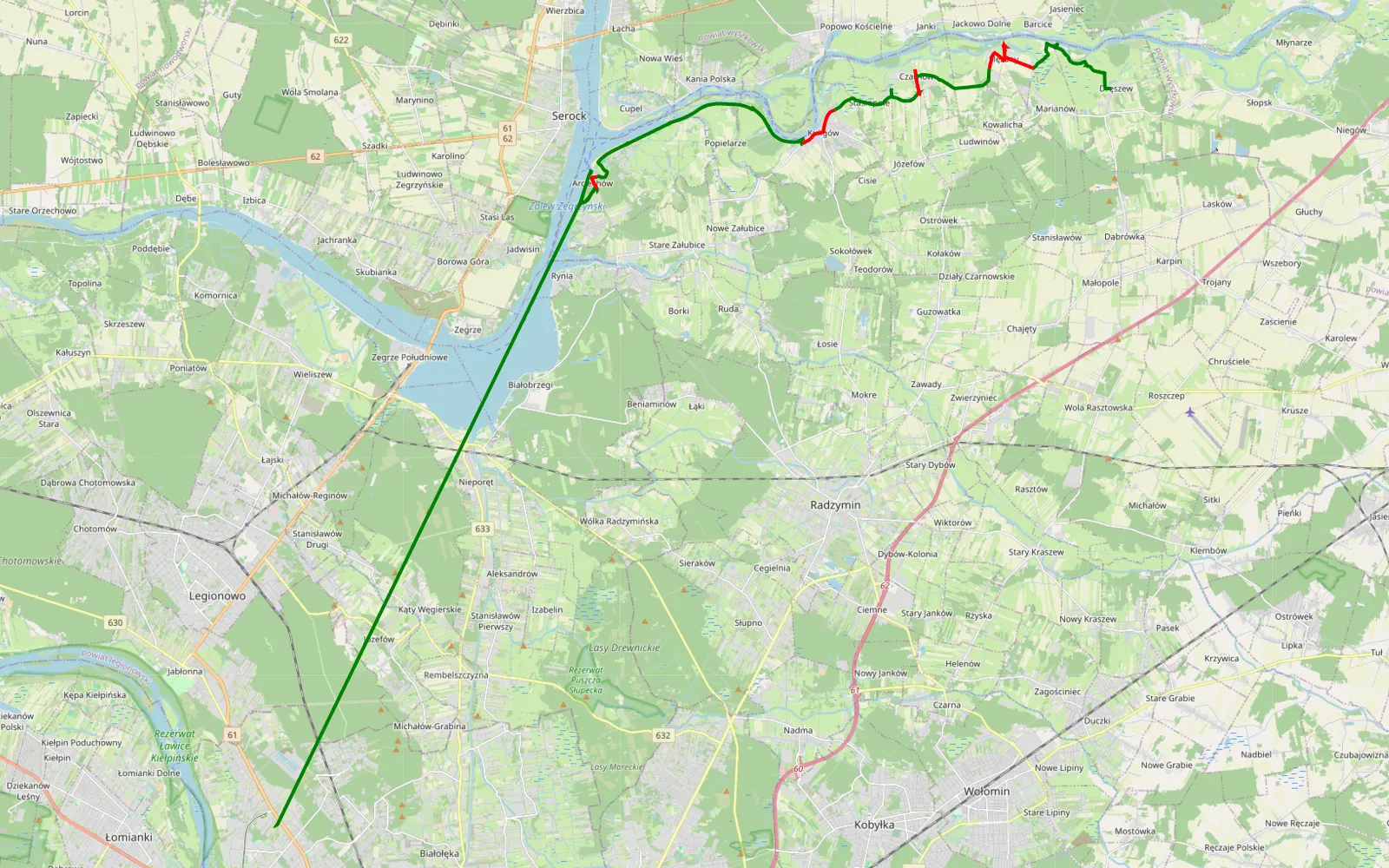 Mapa trasy Dręszew - 25.6 km trasy offroad, Powiat Wołomiński
