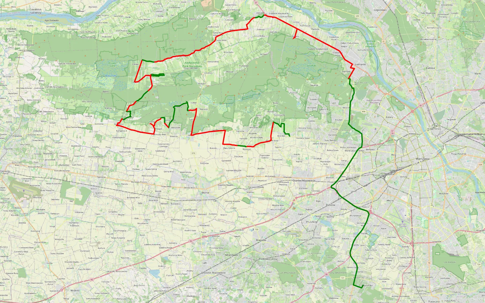 Mapa trasy Wojcieszyn - Magdalenka - 92.5 km trasy offroad, Powiat Warszawski Zachodni