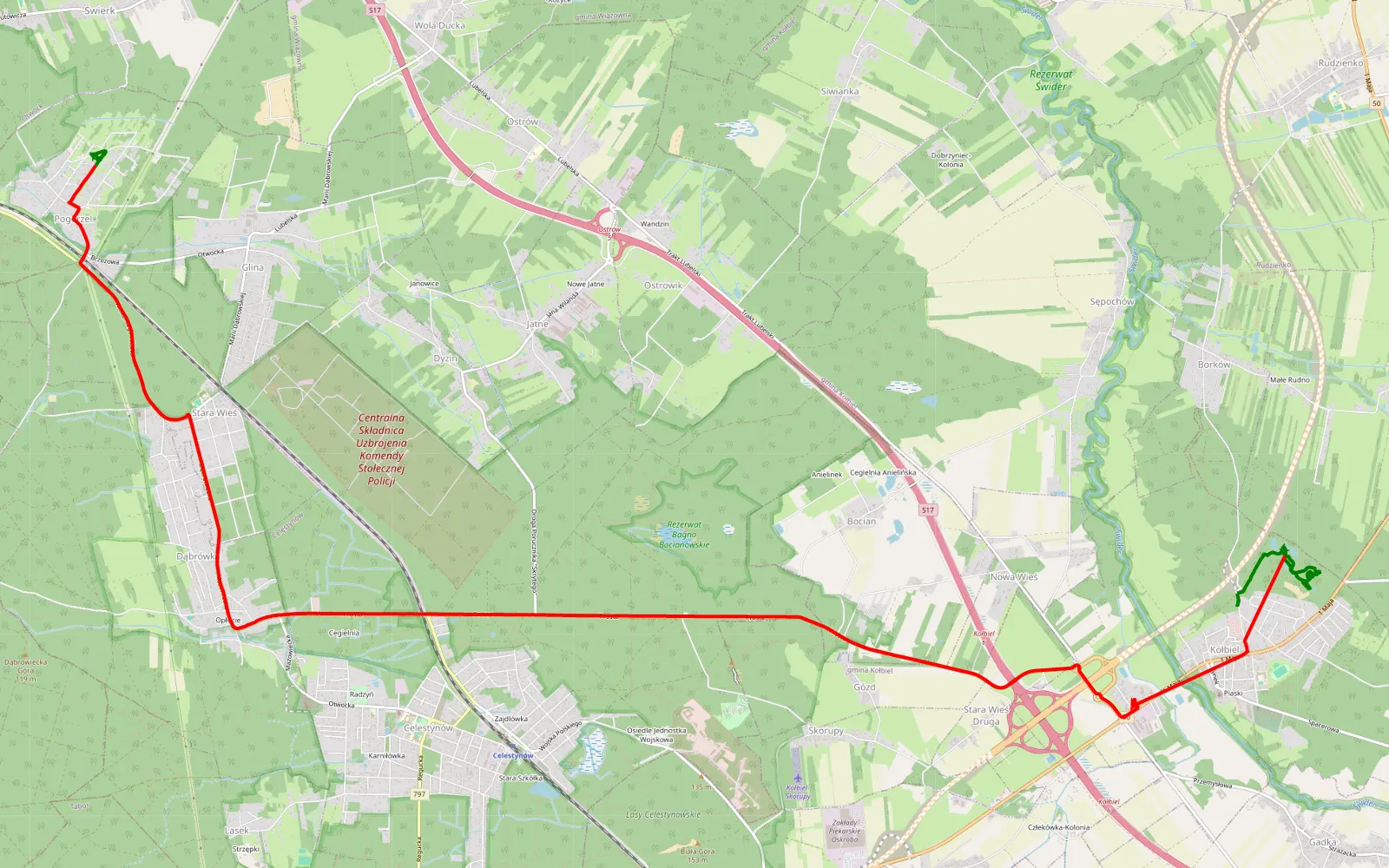 Map of Kołbiel - Pogorzel - 18.7 km offroad trail, Otwock County