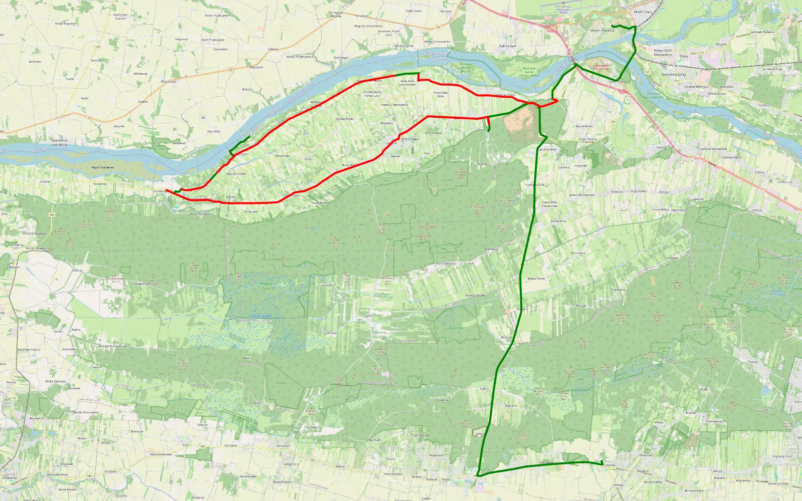 Mapa trasy Zaborów - Twierdza Modlin - 42.6 km trasy offroad, Powiat Nowodworski
