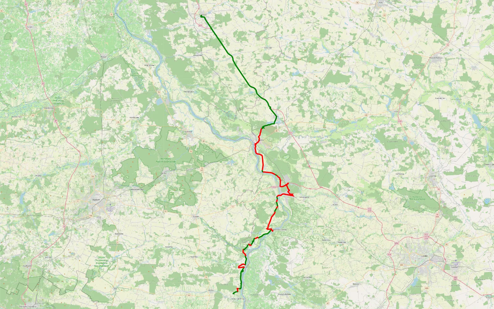 Mapa trasy Kazimierówka - Garwolin - 87.2 km trasy offroad, Powiat Puławski