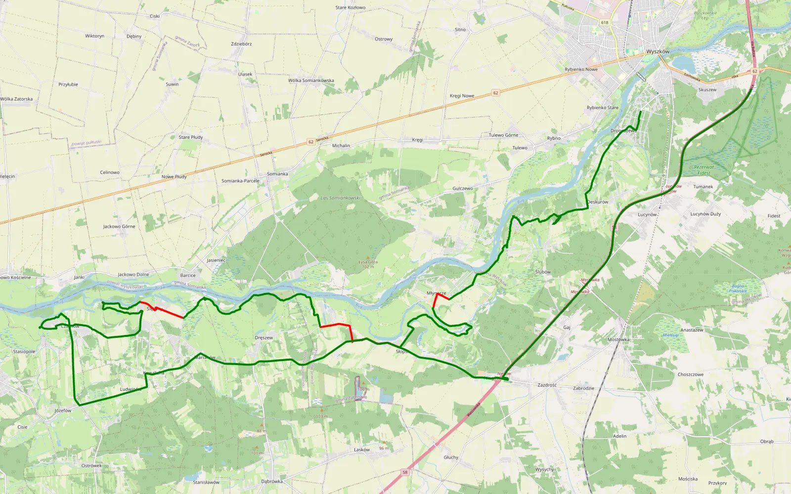 Mapa trasy Rybienko - Skuszew - 27.6 km trasy offroad, Powiat Wyszkowski