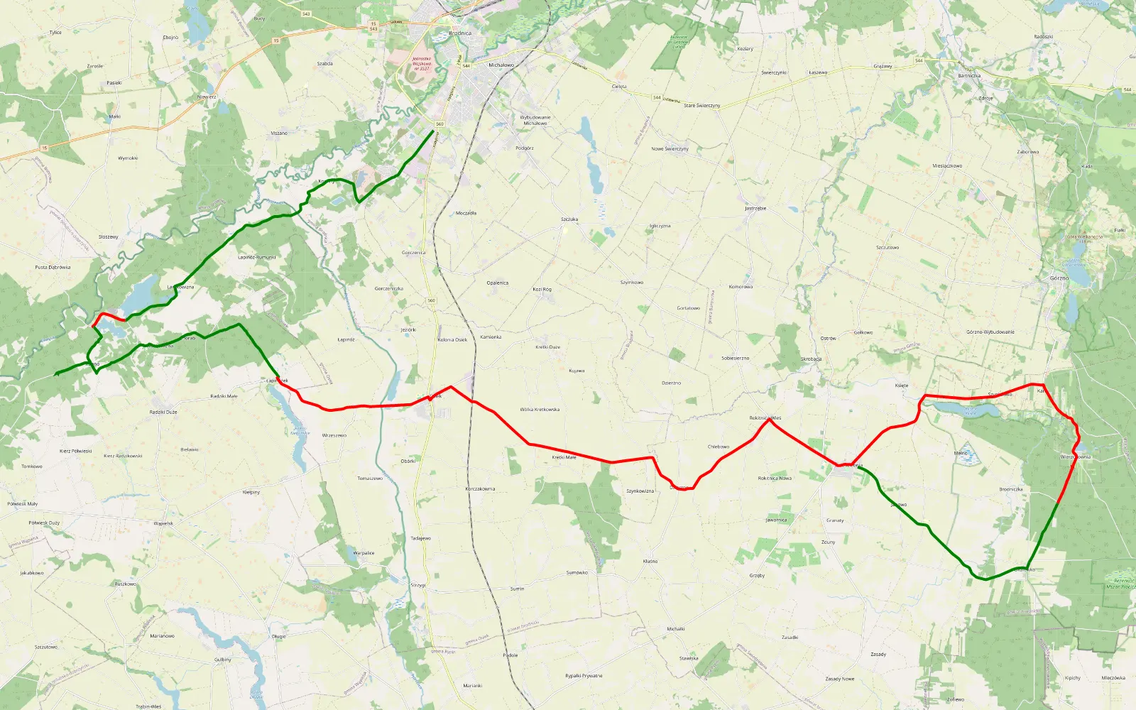 Mapa trasy Moczadła - Świedziebnia - 48.9 km trasy offroad, Powiat Brodnicki