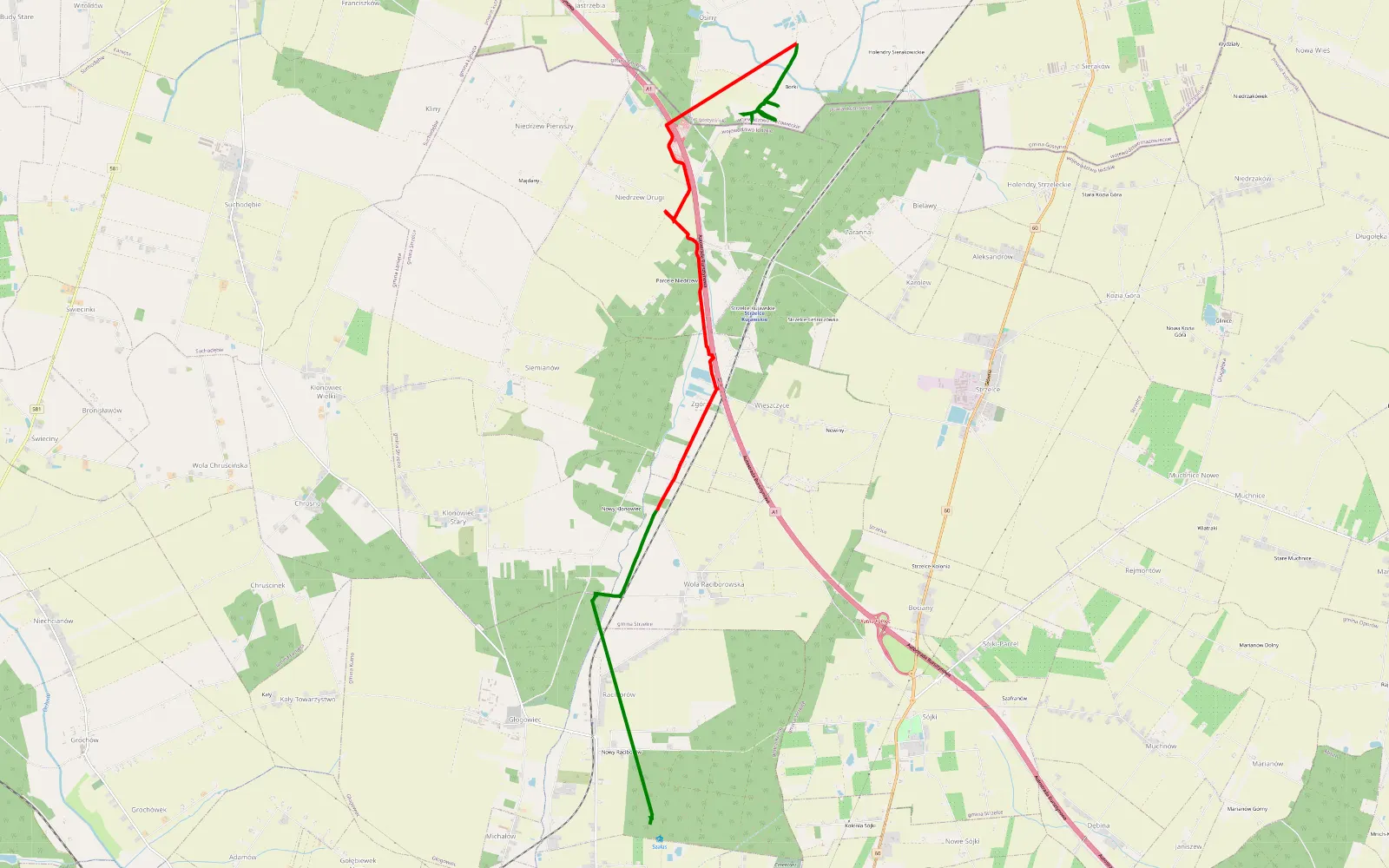 Mapa trasy Osiny Ruszków - Gołębiów - 10.9 km trasy offroad, Powiat Kutnowski