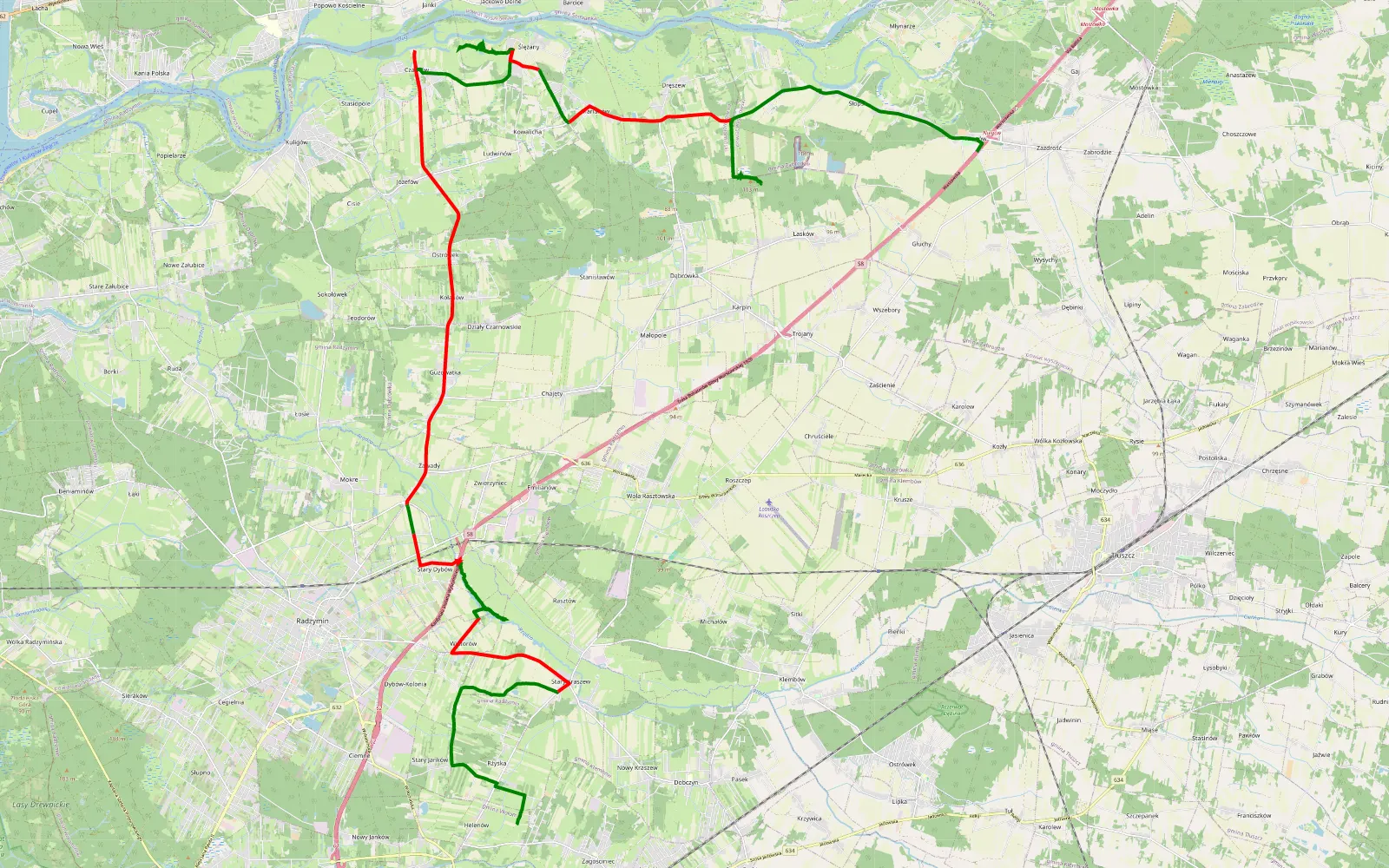 Mapa trasy Helenów - Niegów - 42.8 km trasy offroad, Powiat Wołomiński