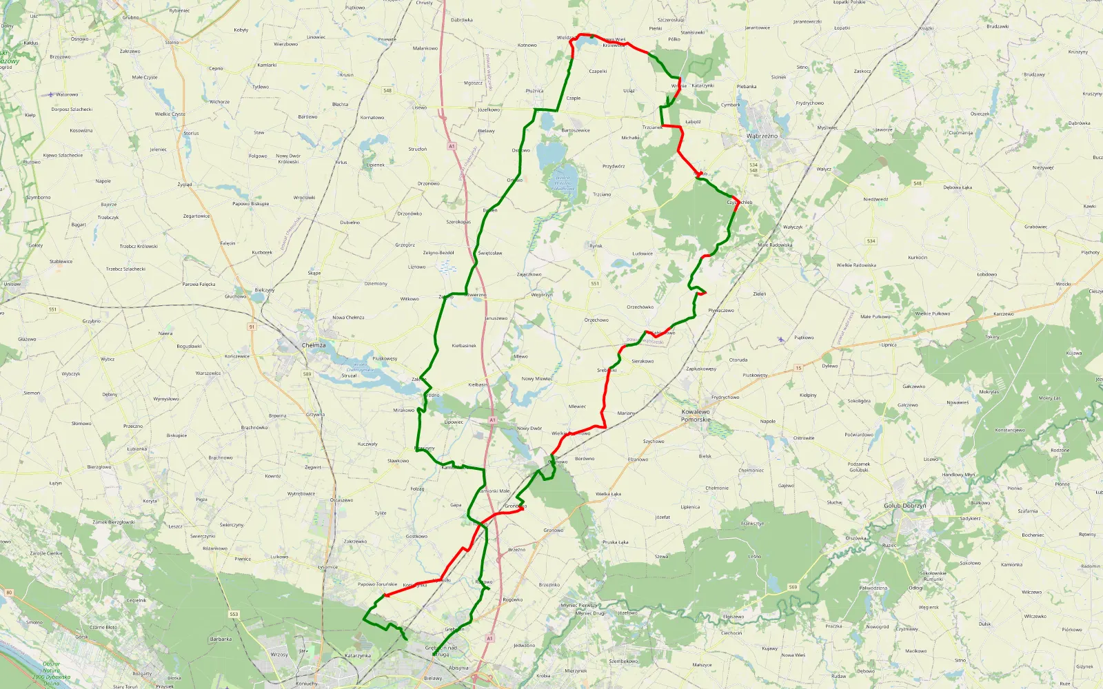 Mapa trasy Toruń-wąbrzeźno-Toruń - 59.4 km trasy offroad, Powiat Wąbrzeski