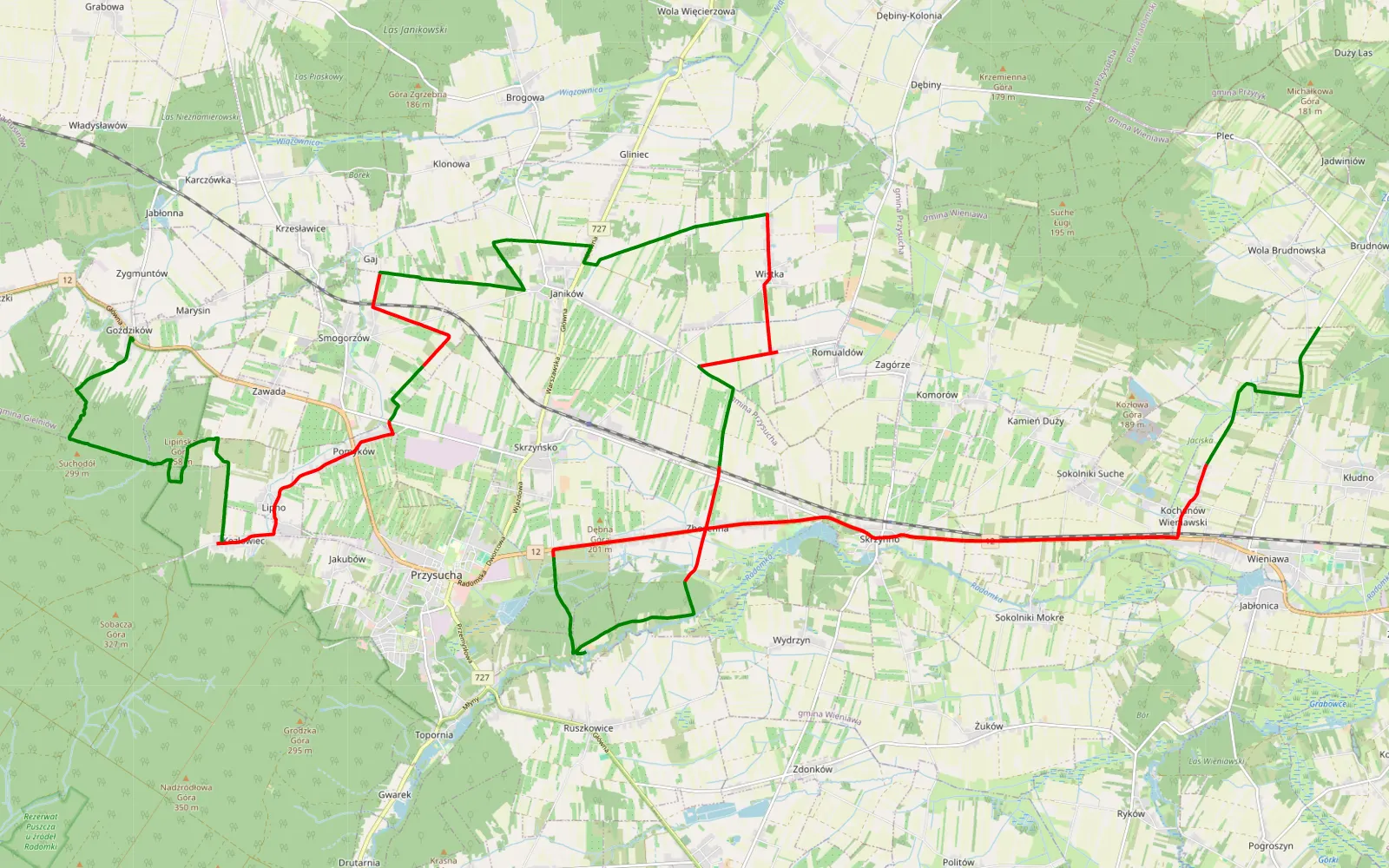 Mapa trasy Wola Brudnowska - Goździków - 43.7 km trasy offroad, Powiat Przysuski