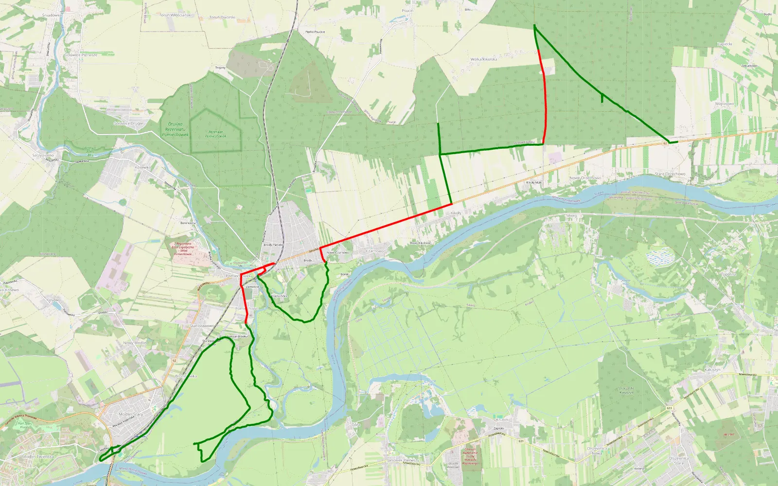 Mapa trasy Orzechowo - 26.5 km trasy offroad, Powiat Nowodworski