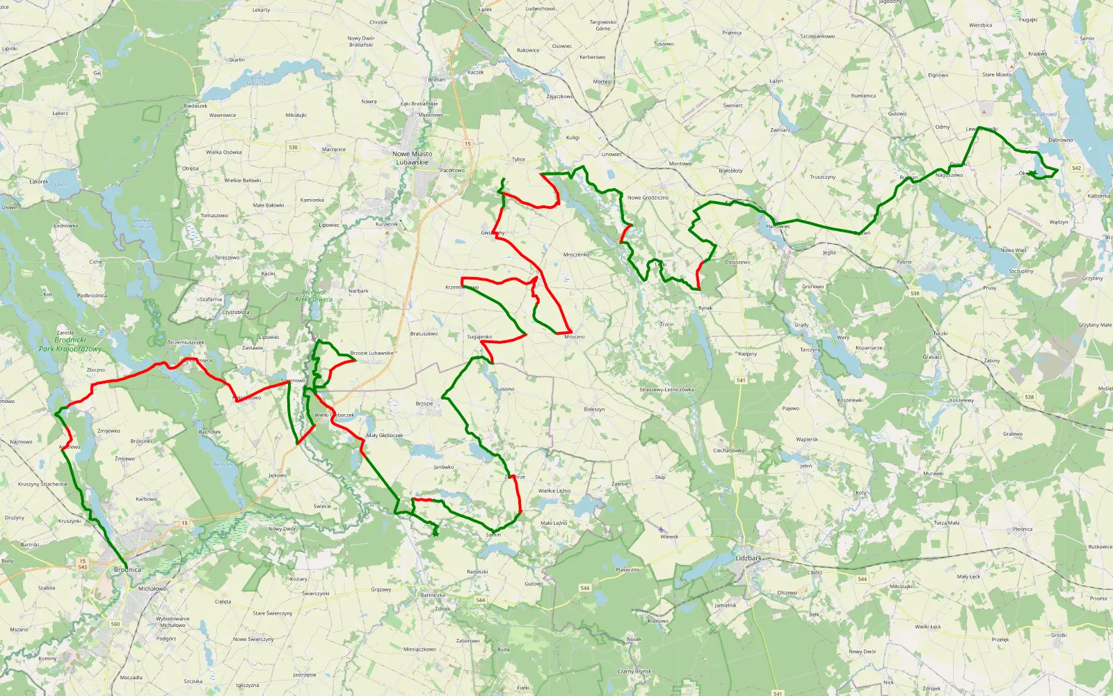 Map of Brodnica - Dąbrówno - 114.3 km offroad trail, Nowe Miasto County