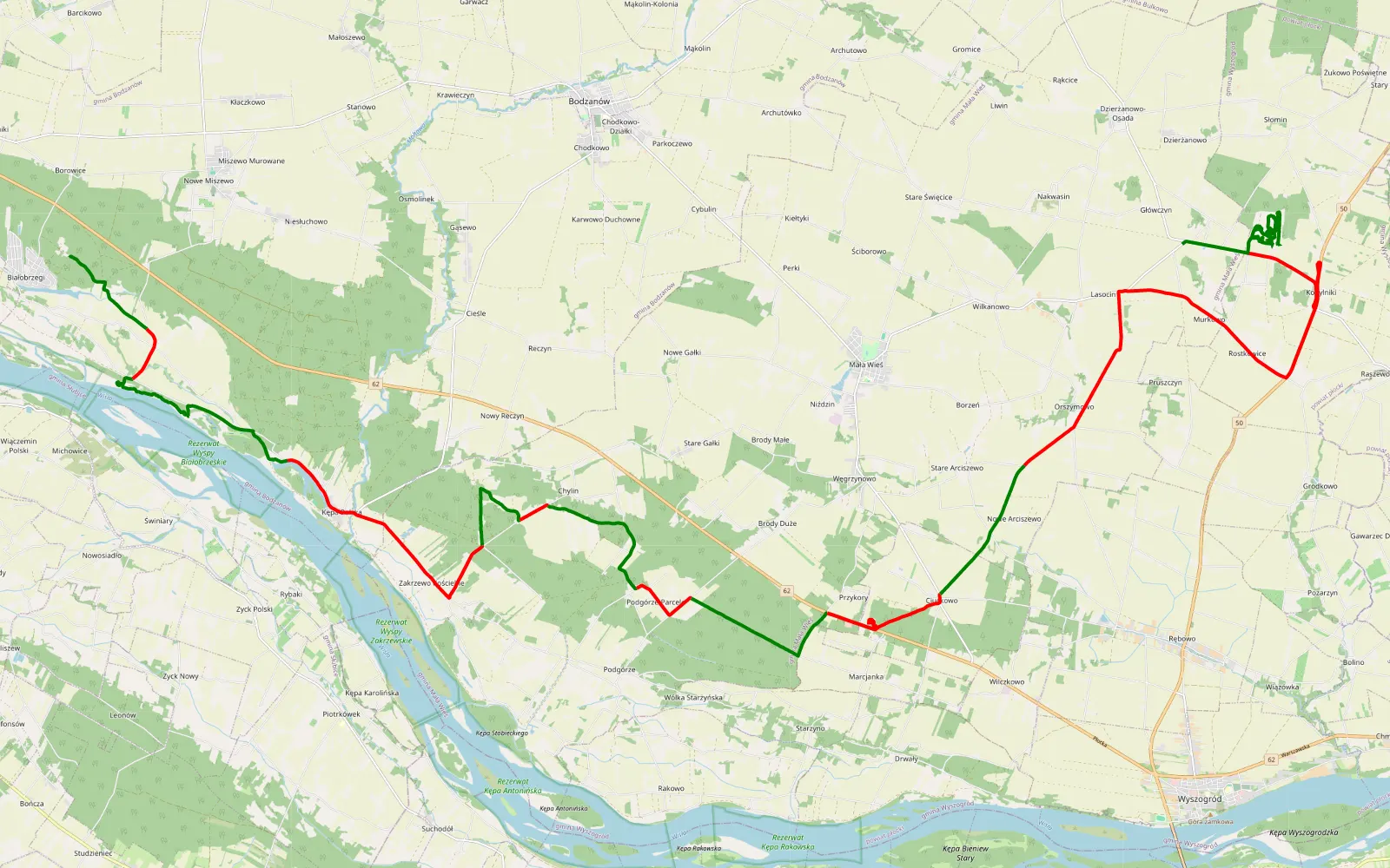 Map of Kępa Niemiecka - Dzierżanowo - 48.6 km offroad trail, Płock County