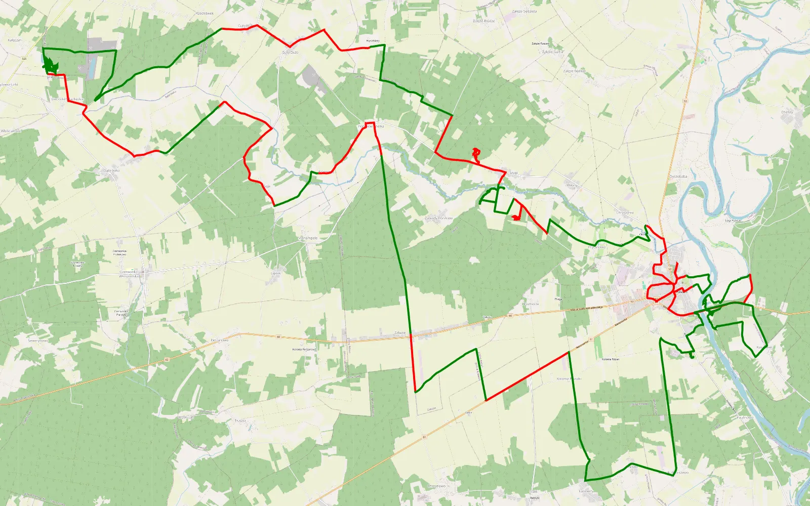 Map of Różan - 75.4 km offroad trail, Maków County
