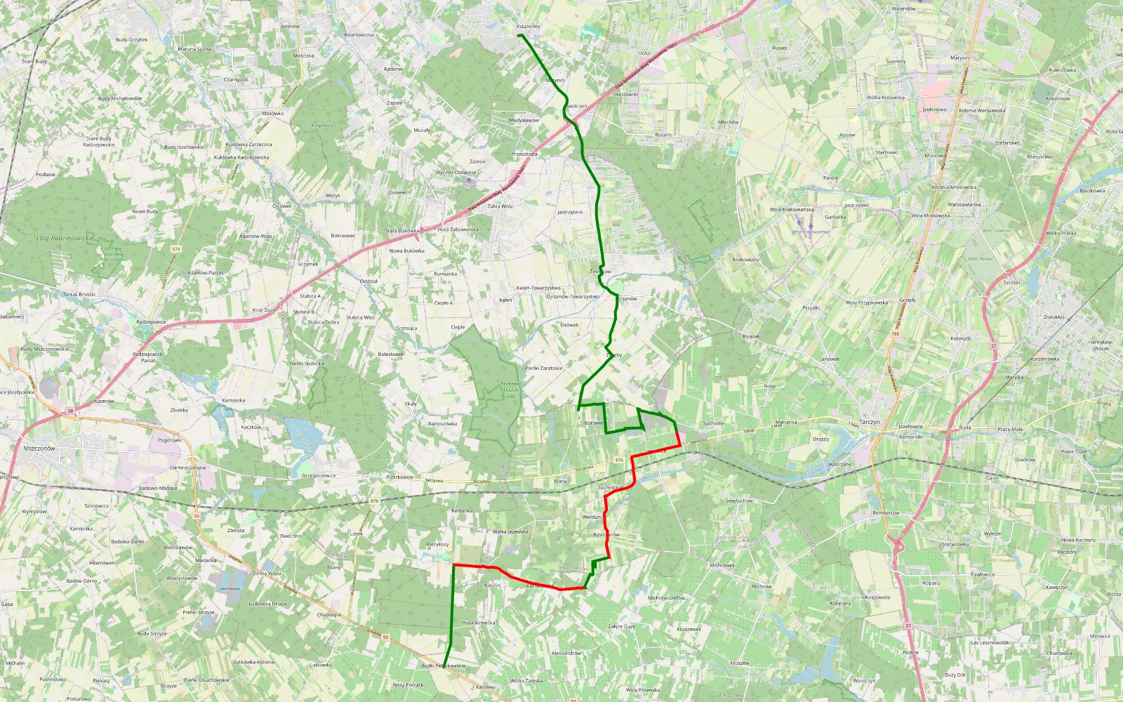 Mapa trasy Książenice - Budy Petrykoskie - 16.9 km trasy offroad, Powiat Piaseczyński
