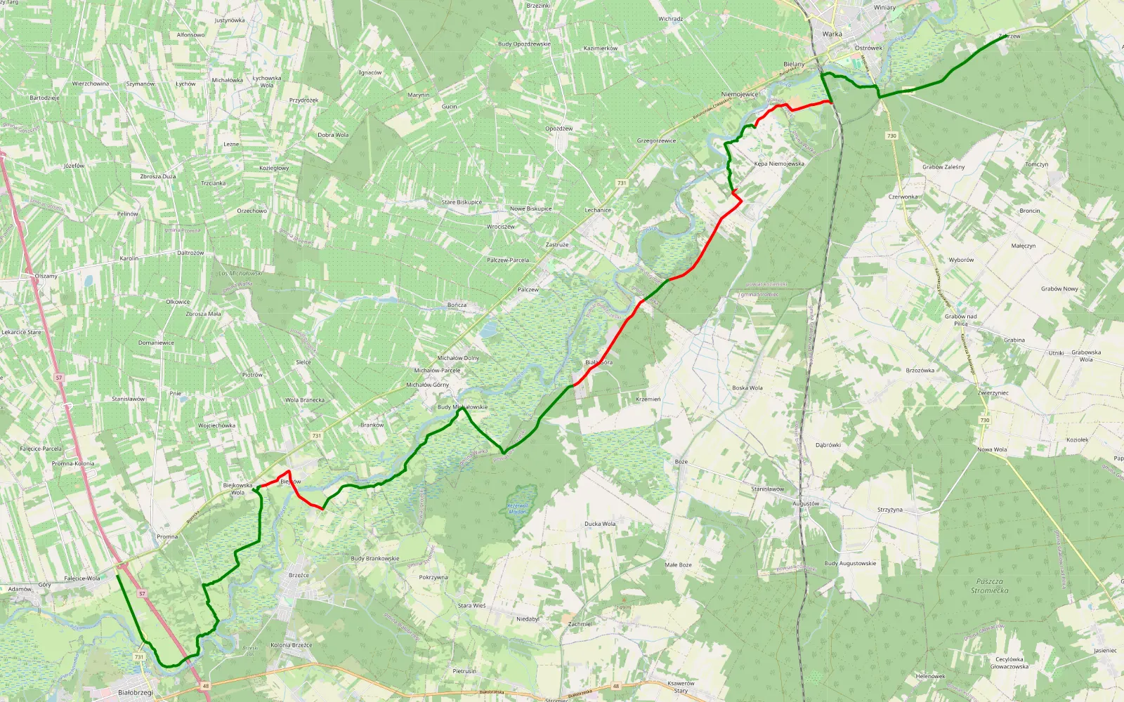 Map of Falęcice - Zakrzew - 30.3 km offroad trail, Białobrzegi County