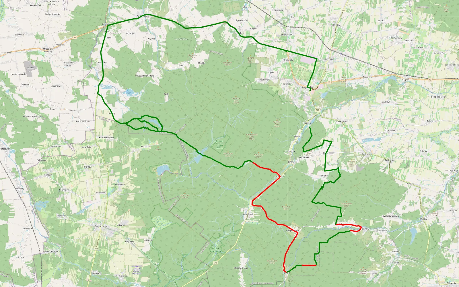Map of Topornia - Przysucha - 44.7 km offroad trail, Przysucha County