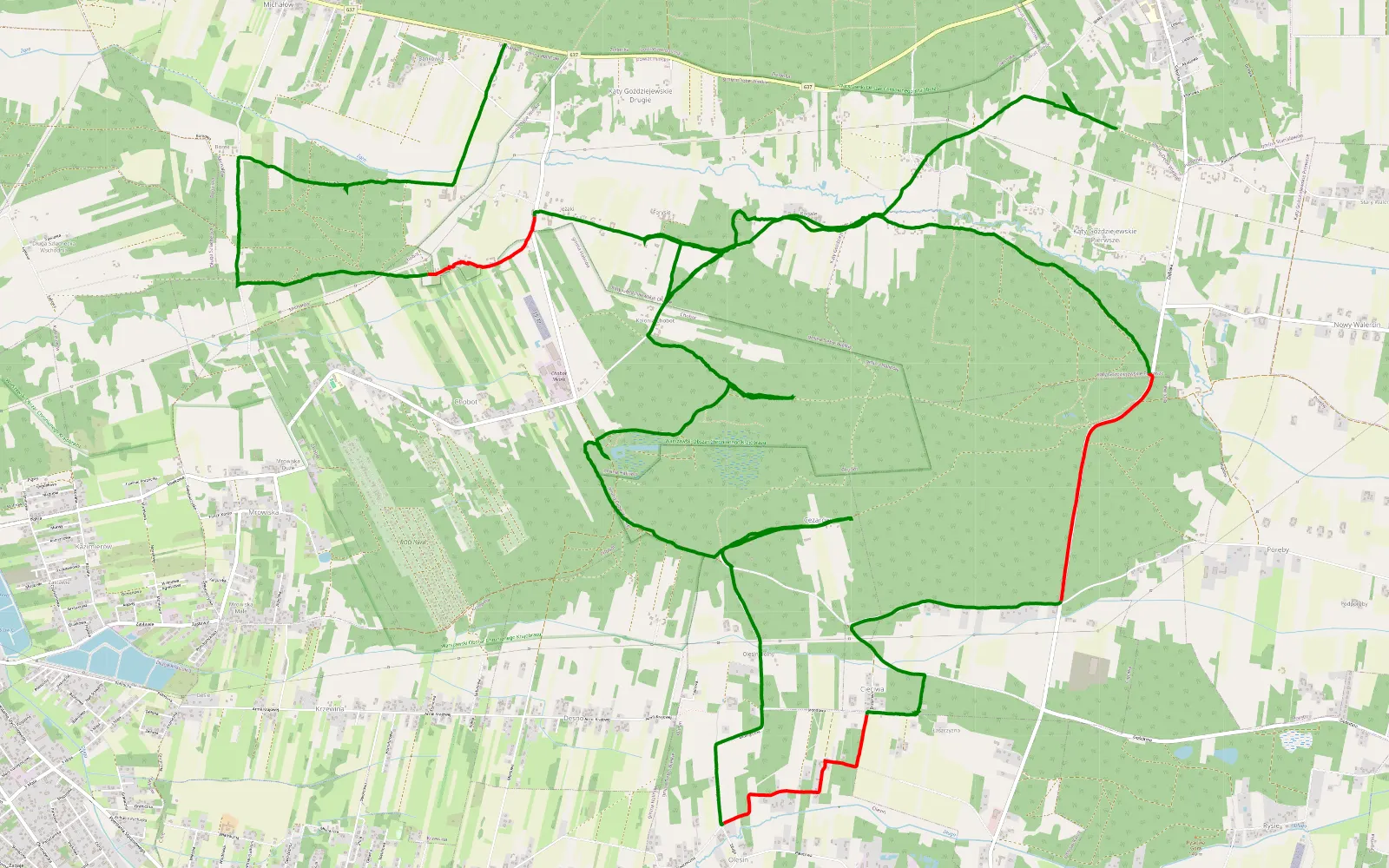 Mapa trasy Kąty Goździejewskie I - Kąty Goździejewskie - 28 km trasy offroad, Powiat Miński