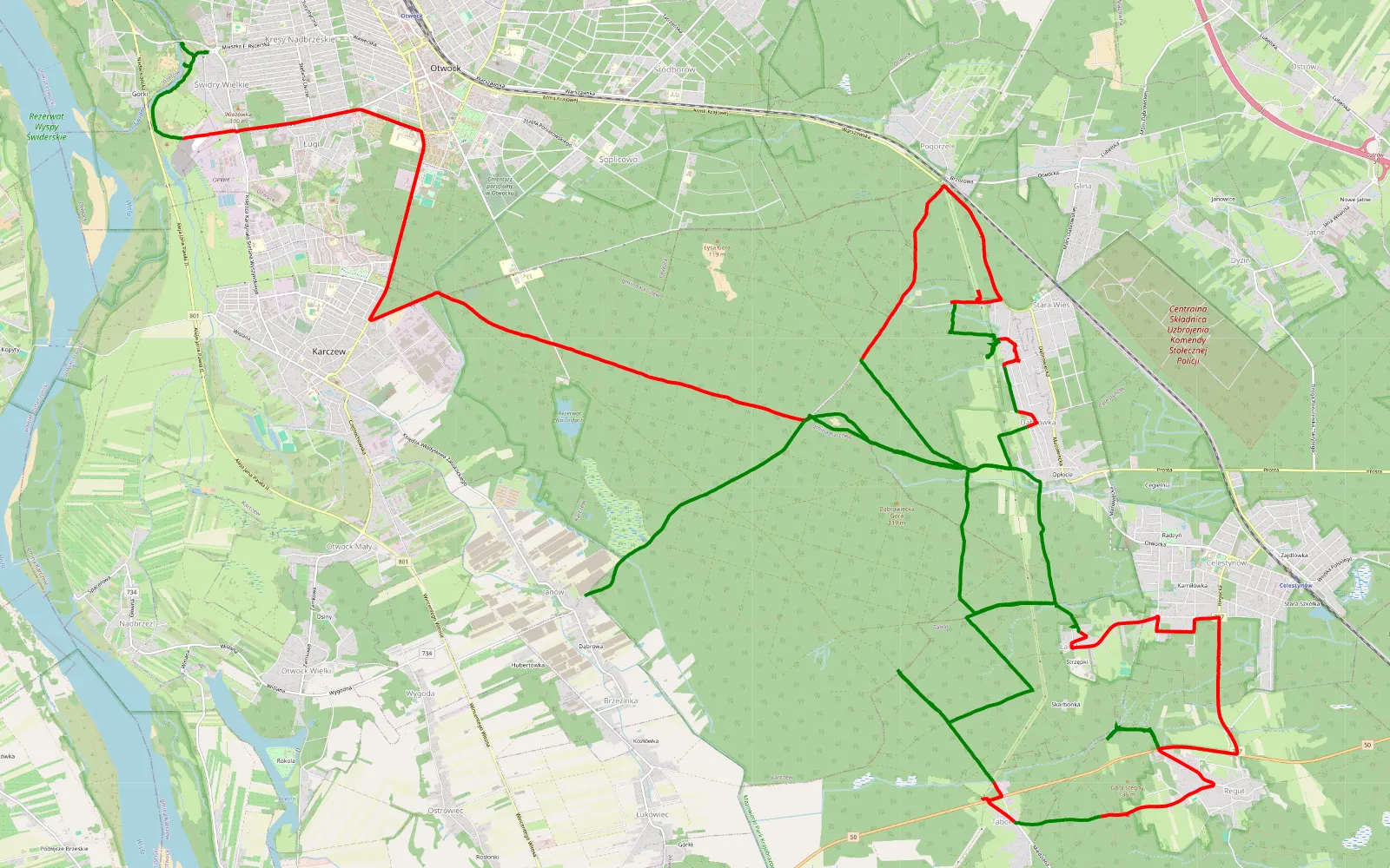 Map of Dobre - 43.8 km offroad trail, Otwock County