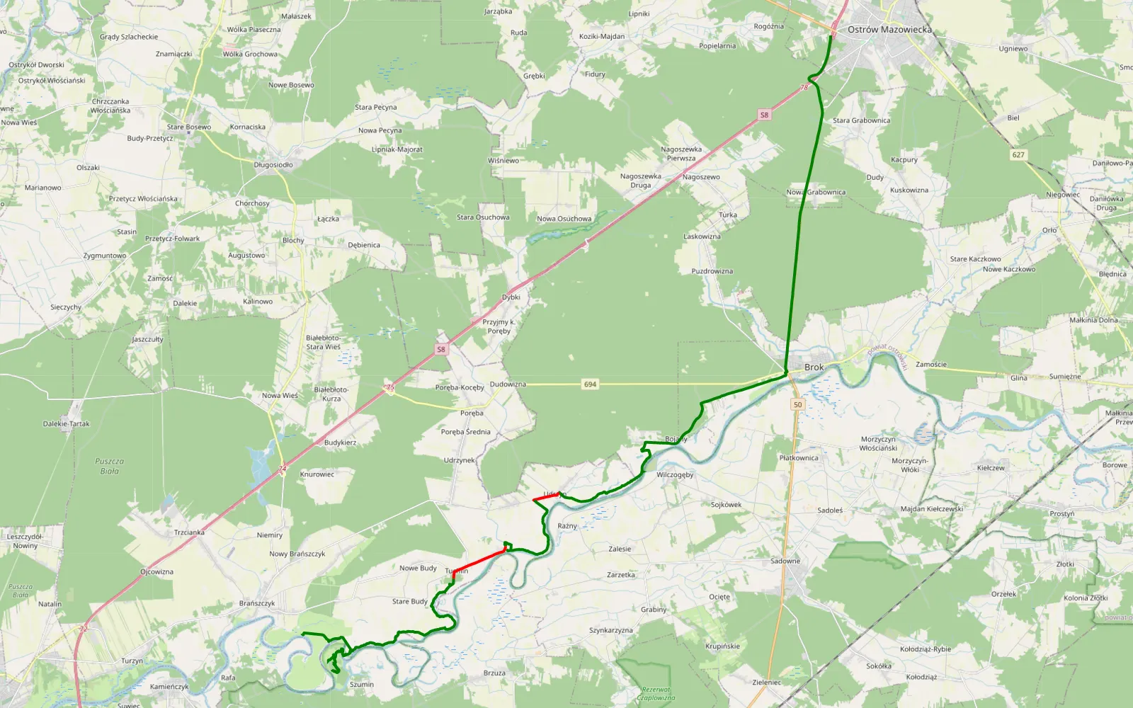 Mapa trasy Ostrów Mazowiecka - Brańszczyk - 24.9 km trasy offroad, Powiat Wyszkowski