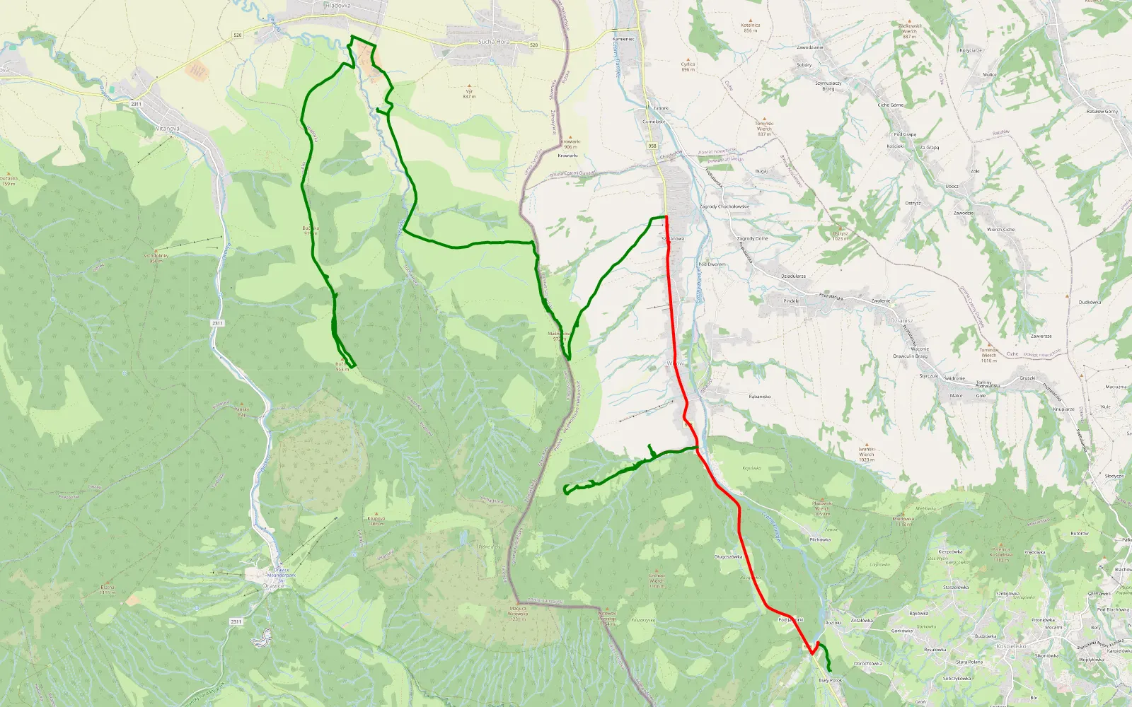 Mapa trasy Płazówka - Vitanová - 31.1 km trasy offroad, Powiat Tatrzański