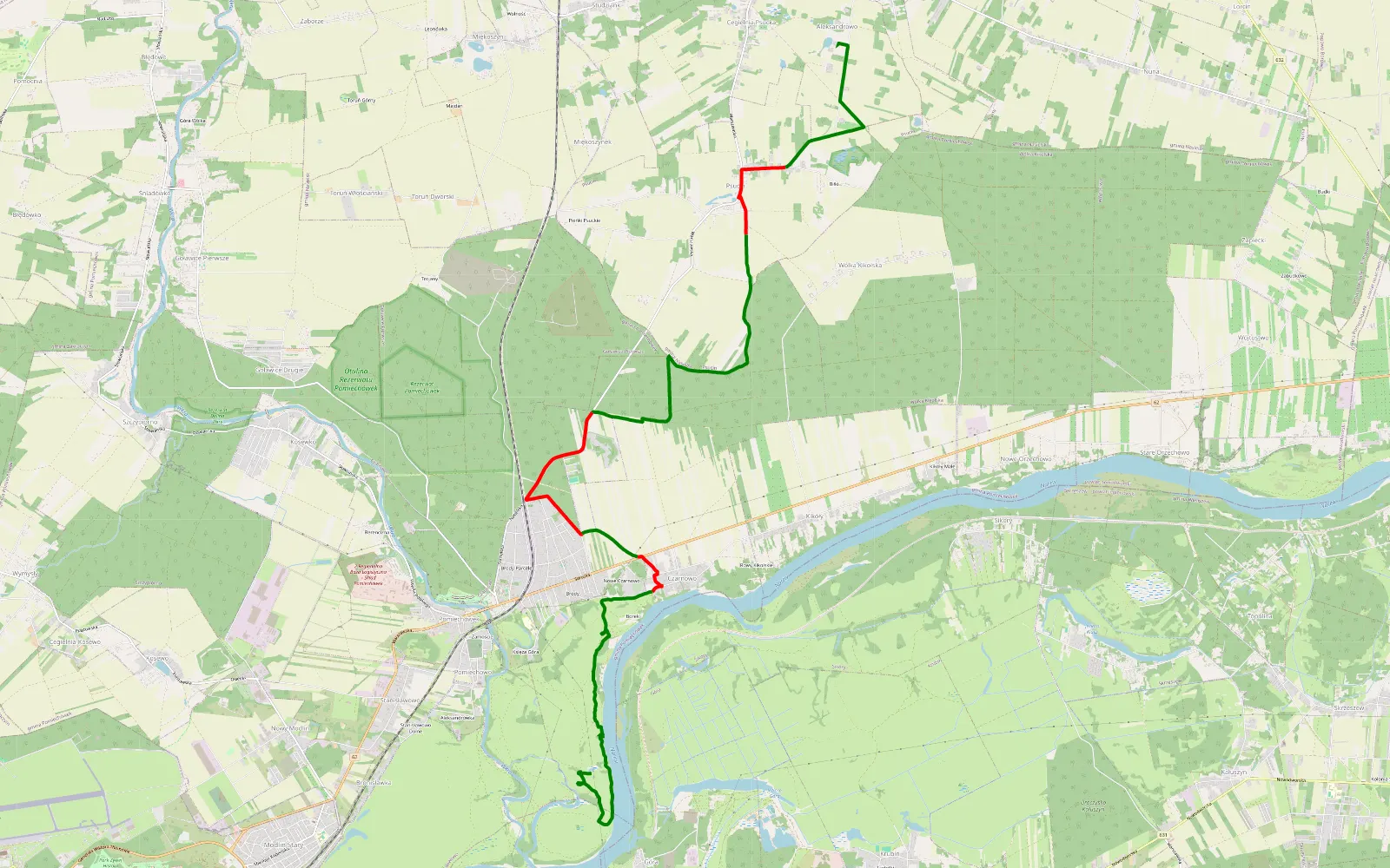 Mapa trasy Krogule Budy - Księża Góra - 17.2 km trasy offroad, Powiat Nowodworski