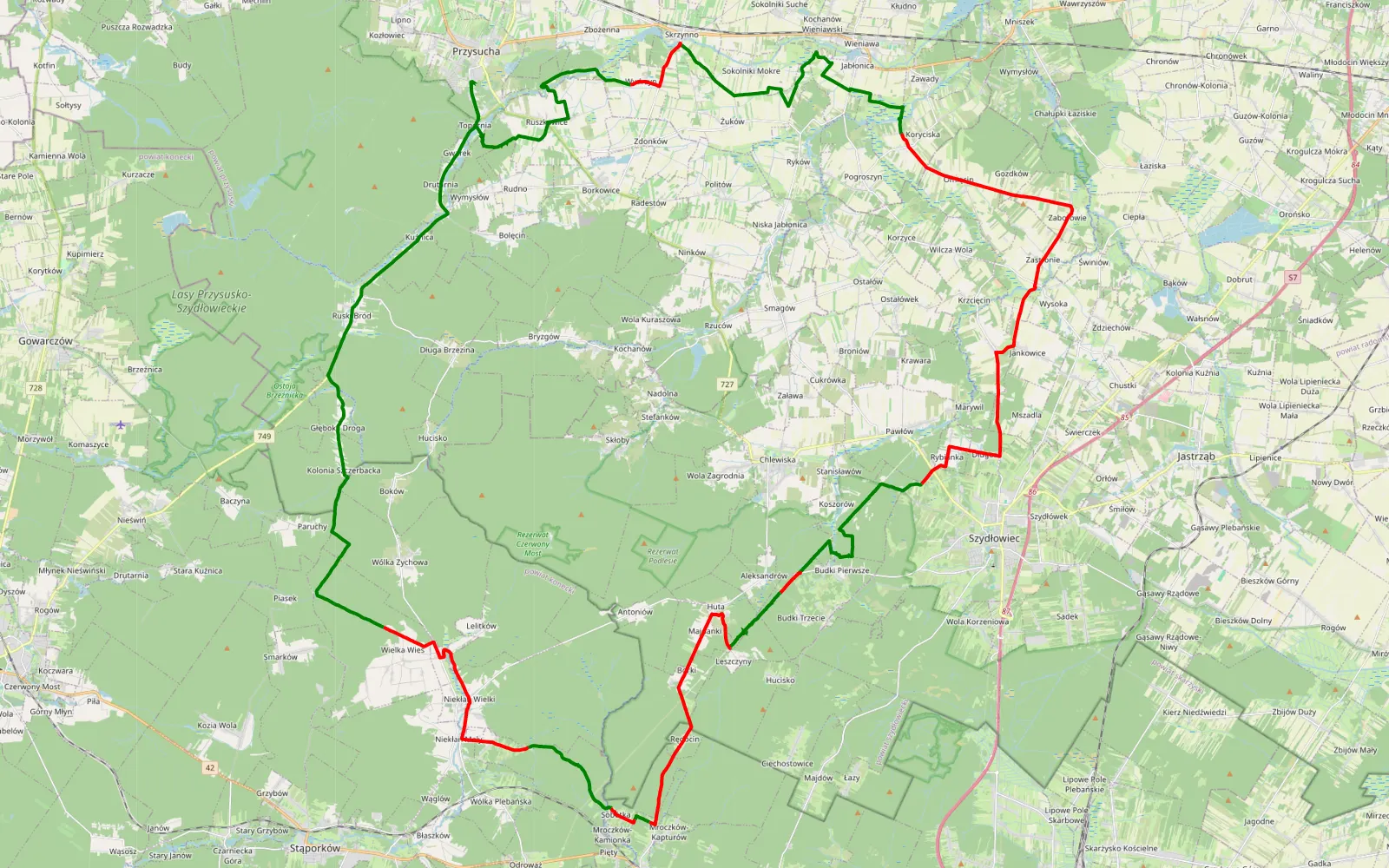 Map of Topornia - 75.3 km offroad trail, Szydłowiec County