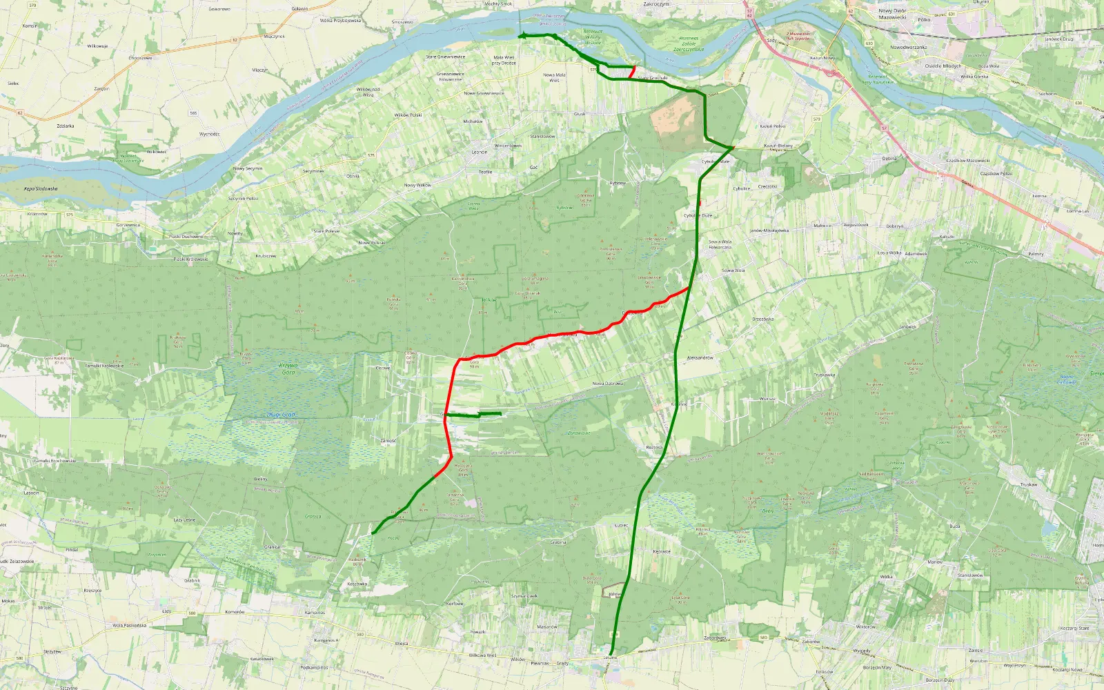 Mapa trasy Narty - Leszno - 36.1 km trasy offroad, Powiat Nowodworski