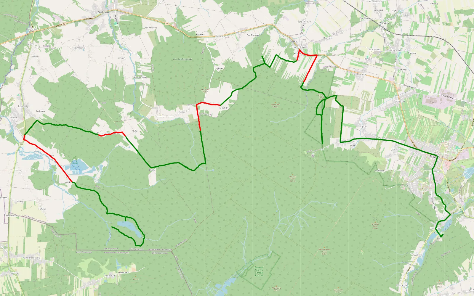 Mapa trasy Topornia - Kurzacze - 29.8 km trasy offroad, Powiat Przysuski