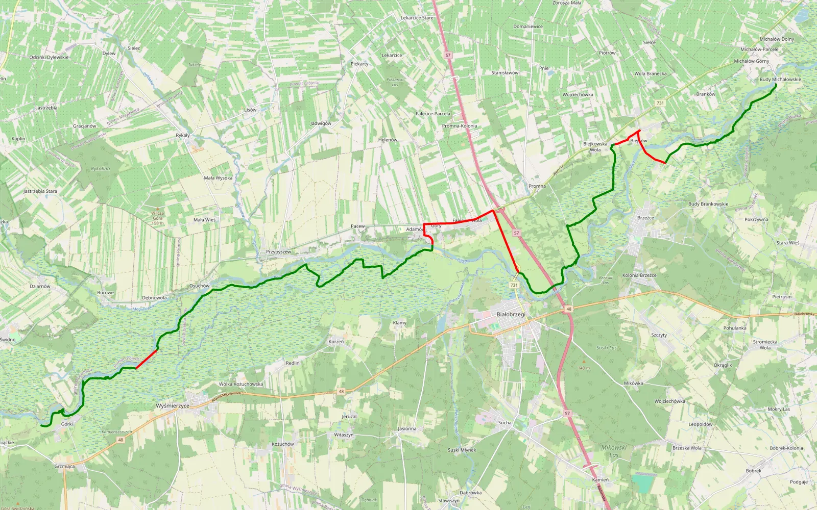 Mapa trasy Górki - Budy Michałowskie - 34.7 km trasy offroad, Powiat Białobrzeski
