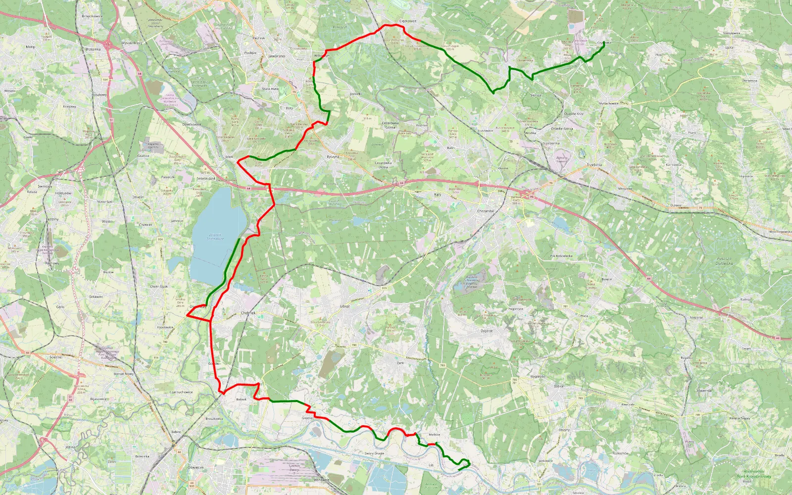 Mapa trasy Las - Czyżówka - 56.7 km trasy offroad, Jaworzno