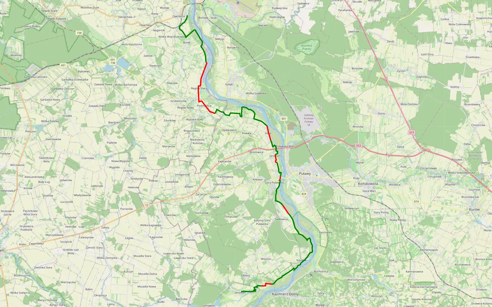 Mapa trasy Deblin-Janowiec - 38.6 km trasy offroad, Powiat Puławski