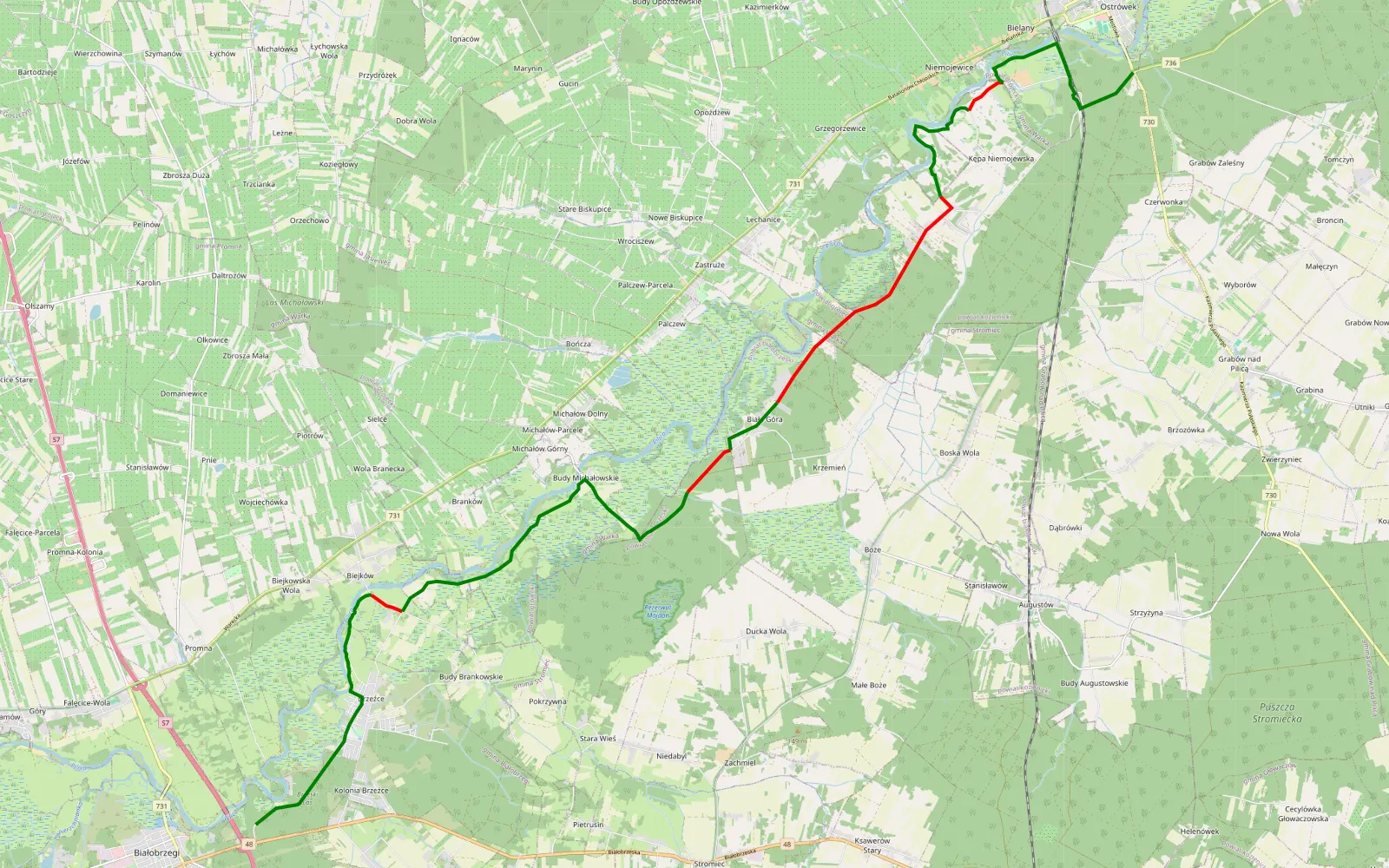 Map of Białobrzegi - Warka - 23.5 km offroad trail, Białobrzegi County