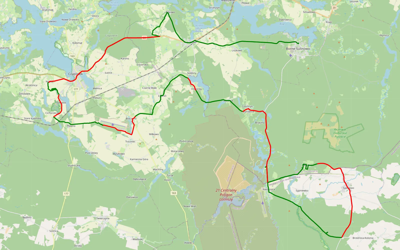 Map of Nadarzyce - Borne Sulinowo - 77.4 km offroad trail, Drawsko County