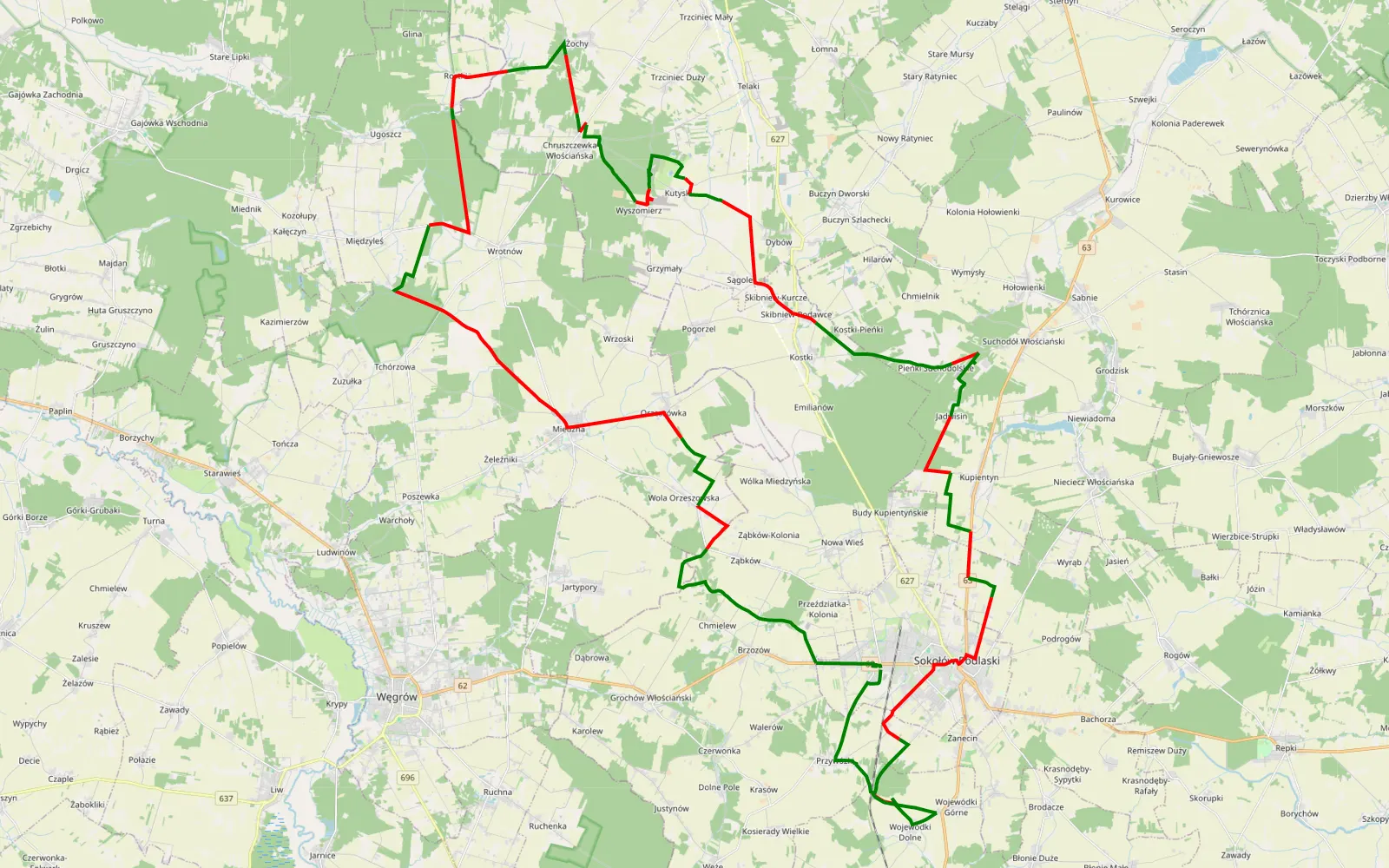 Mapa trasy Trasa - 74.1 km trasy offroad, Powiat Sokołowski