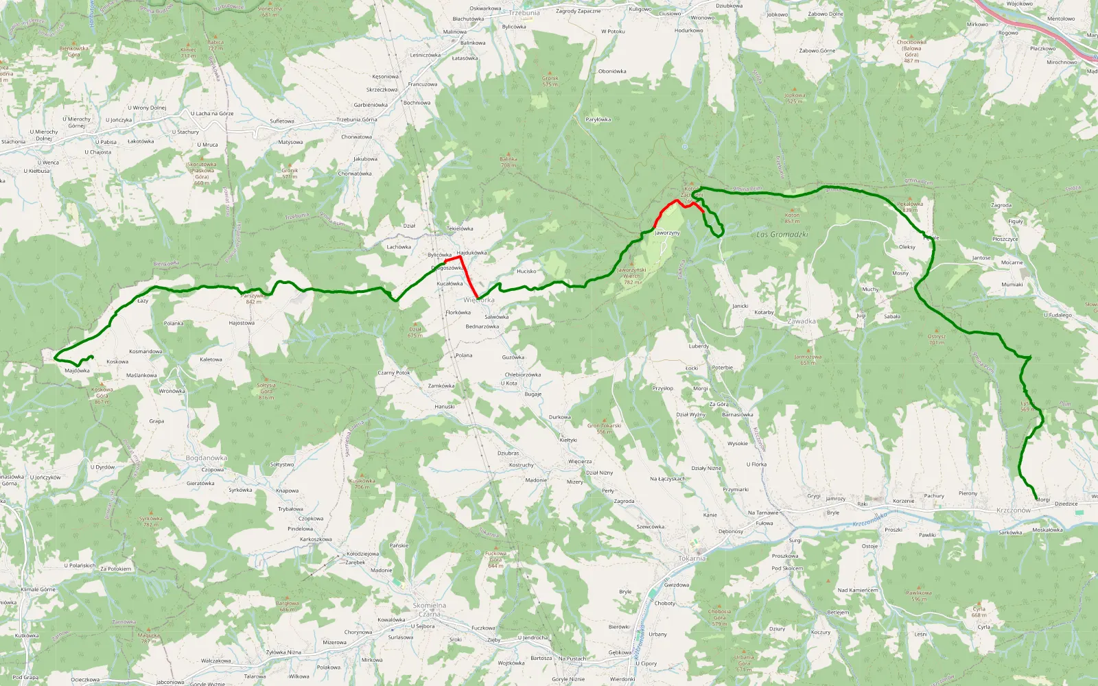 Mapa trasy Krzczonów - Koskowa gora - 17.8 km trasy offroad, Powiat Myślenicki