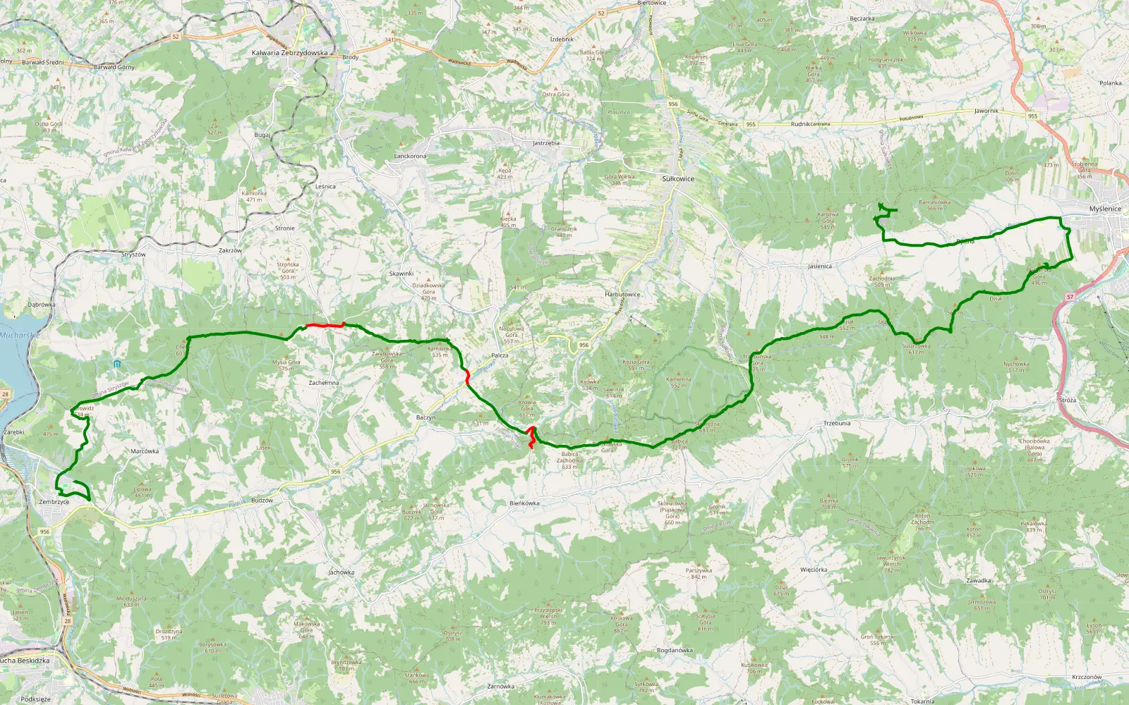 Mapa trasy Zembrzyce - Bysina - 30.3 km trasy offroad, Powiat Myślenicki